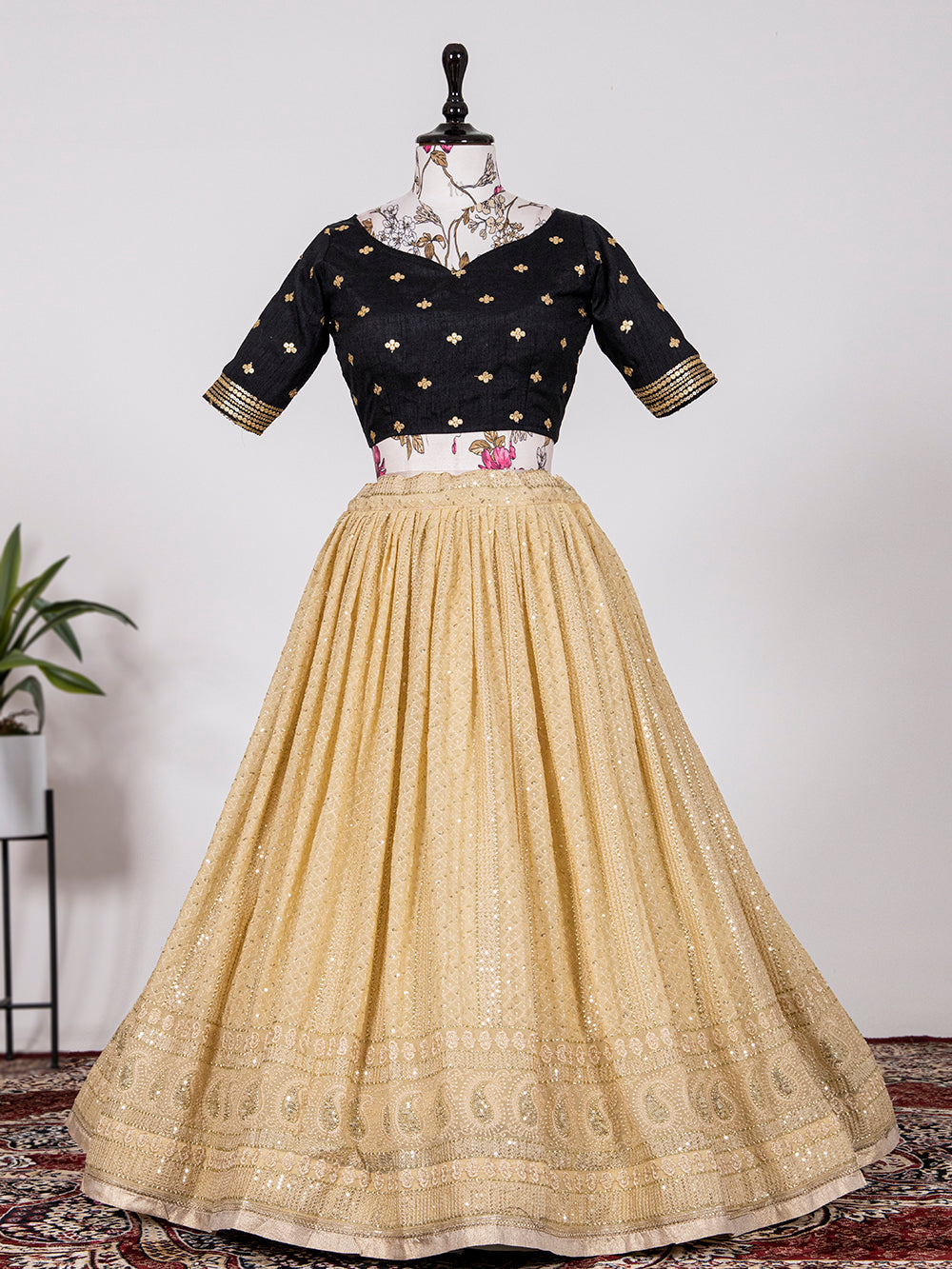 Cream Color Sequins And Thread Embroidery Work Georgette Lehenga Choli