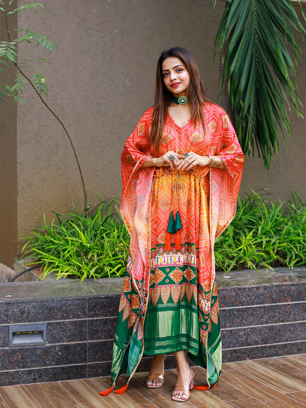 Multi Color Bandhej Digital Print Pure Gaji Silk Kaftan