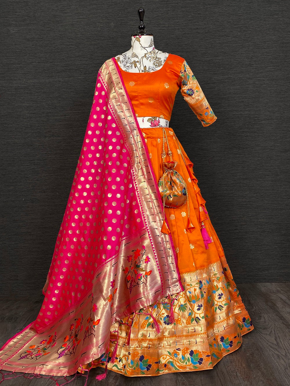 Orange Color Weaving Zari Work Silk Pethani Lehenga Choli