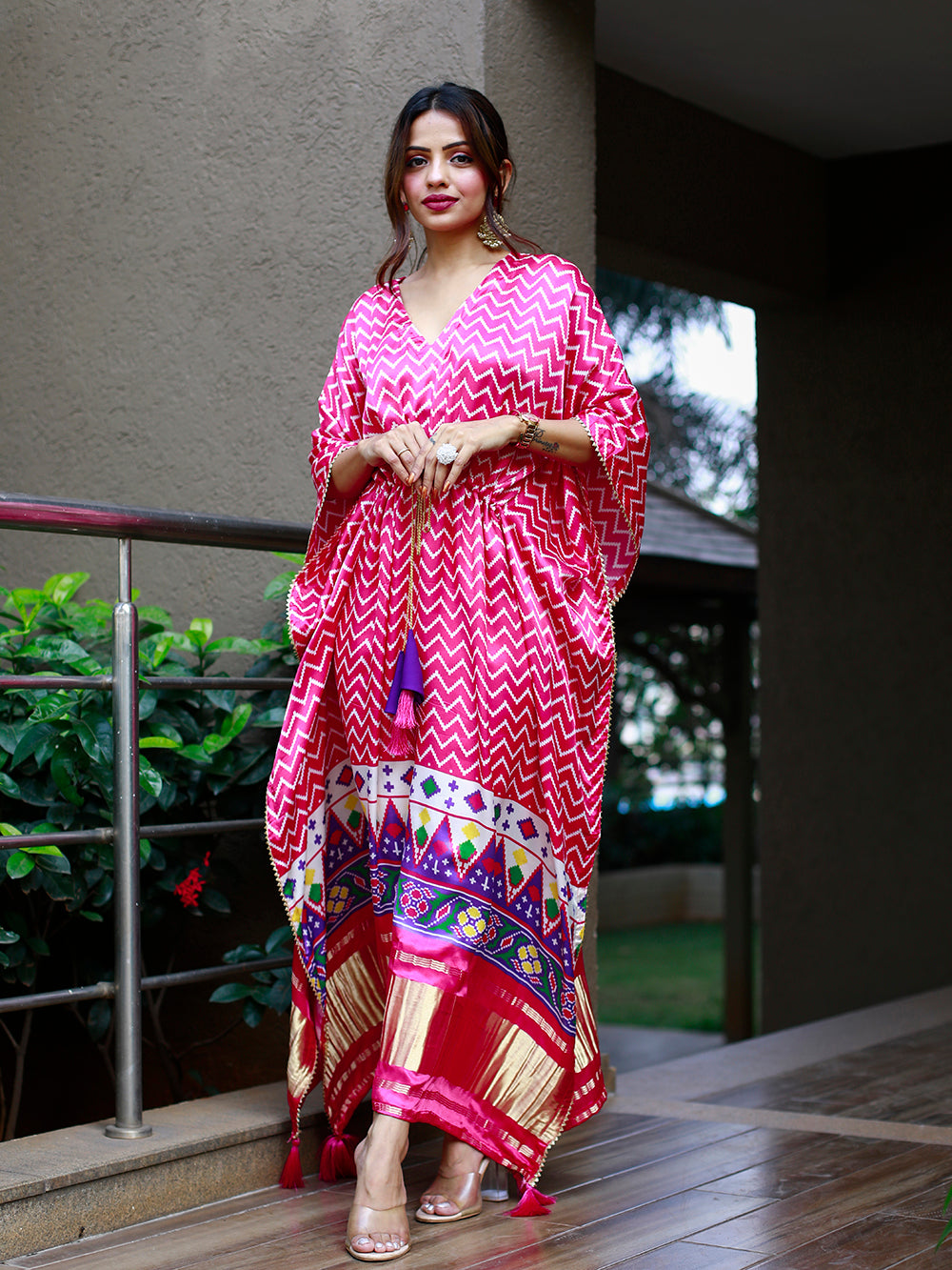 Pink white color digital print pure gaji silk kaftan