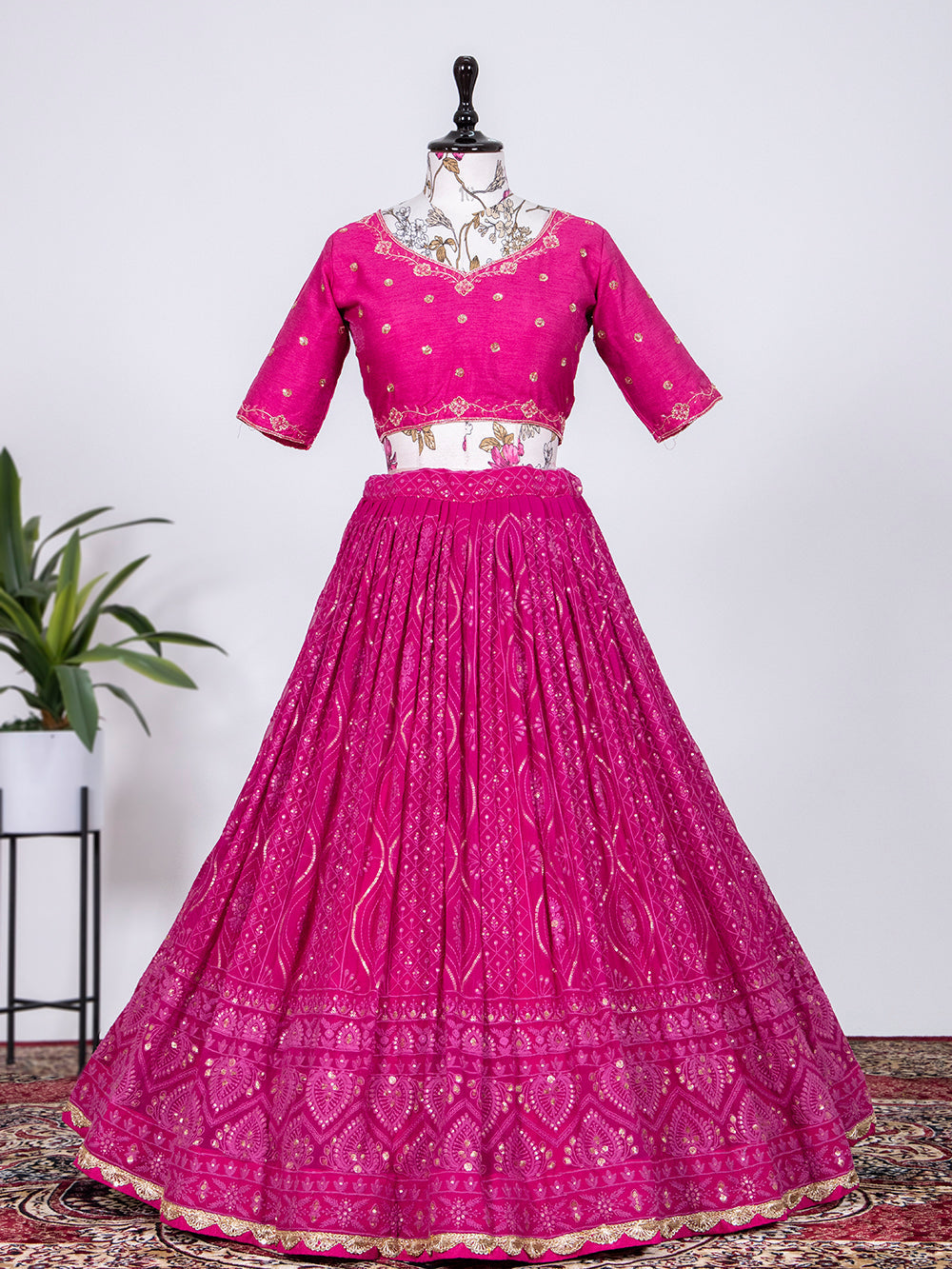 Rani Pink Color Sequins and Thread Embroidery Work Georgette Lehenga Choli