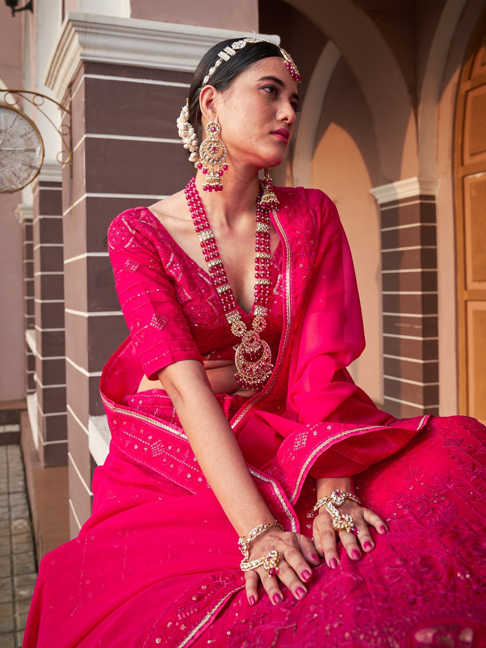 Rani Pink Color Lucknowi With Sequins Work Georgette Lehenga Choli