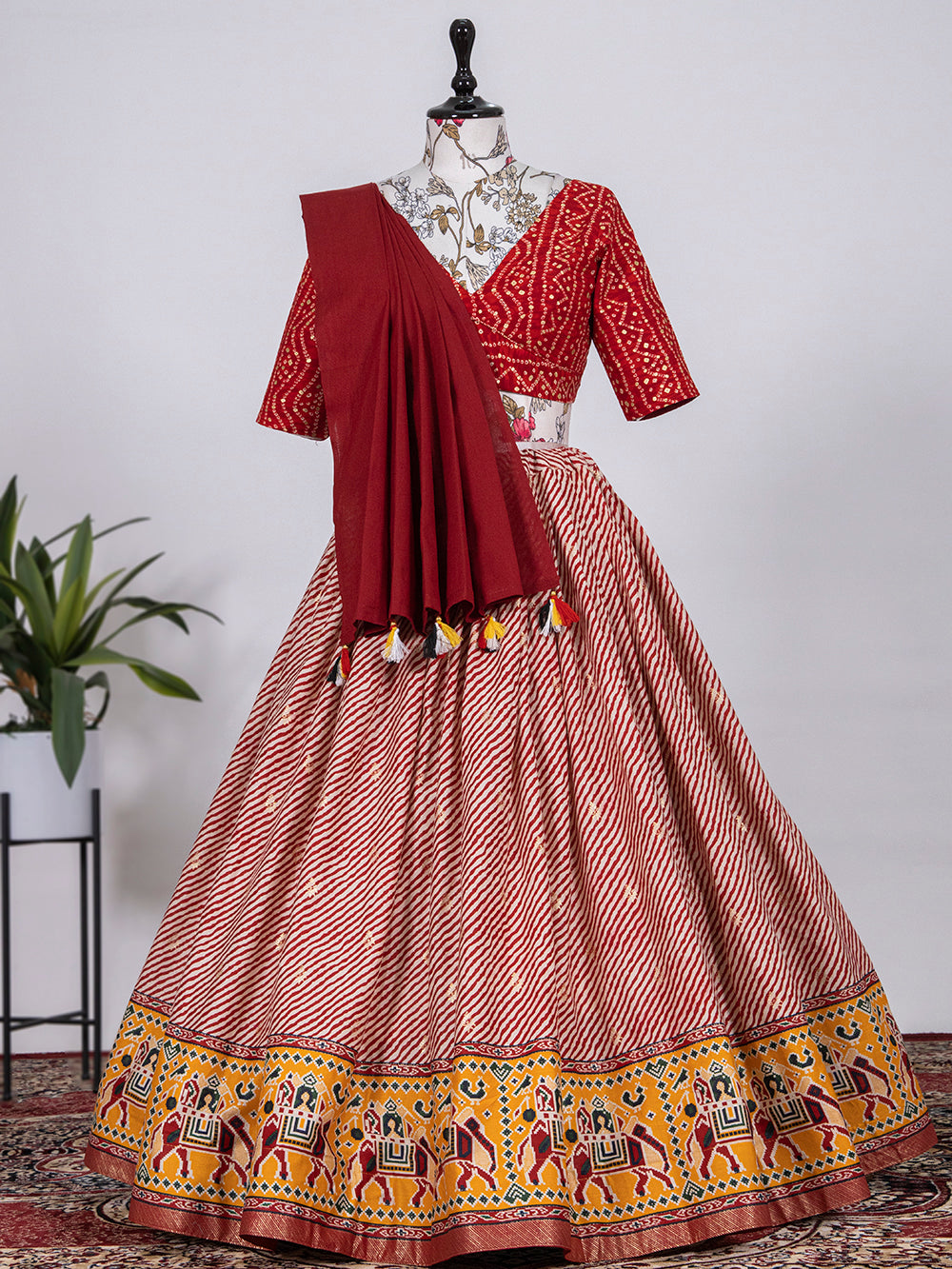 Red Color Printed With Foil Cotton Lehenga
