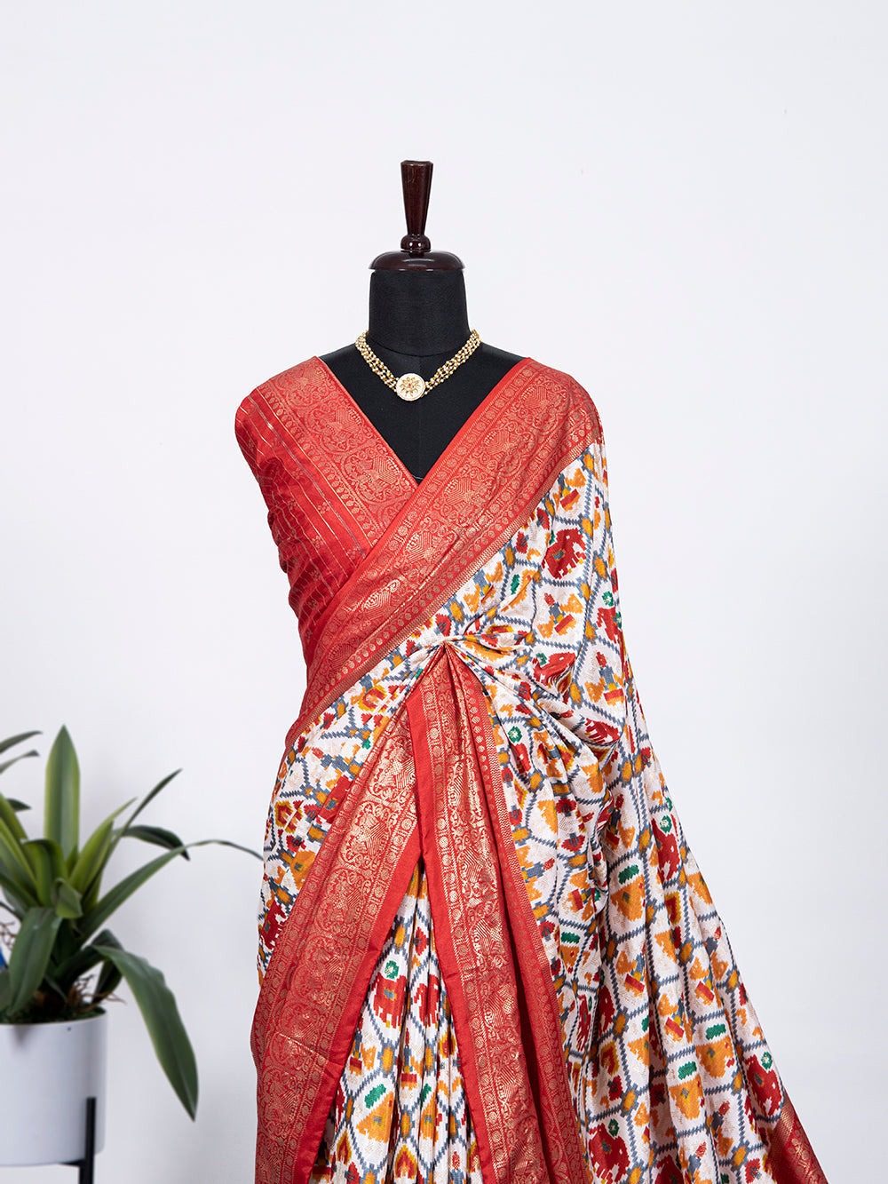 Red Color Patola Print with Foil Work Dola Silk Saree