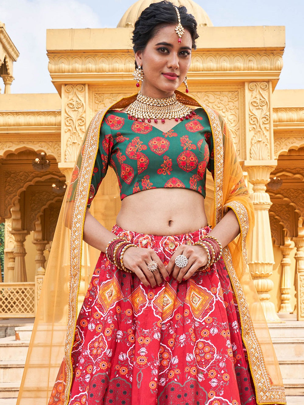 Red Color Printed Vaishali Silk Lehenga Choli Set