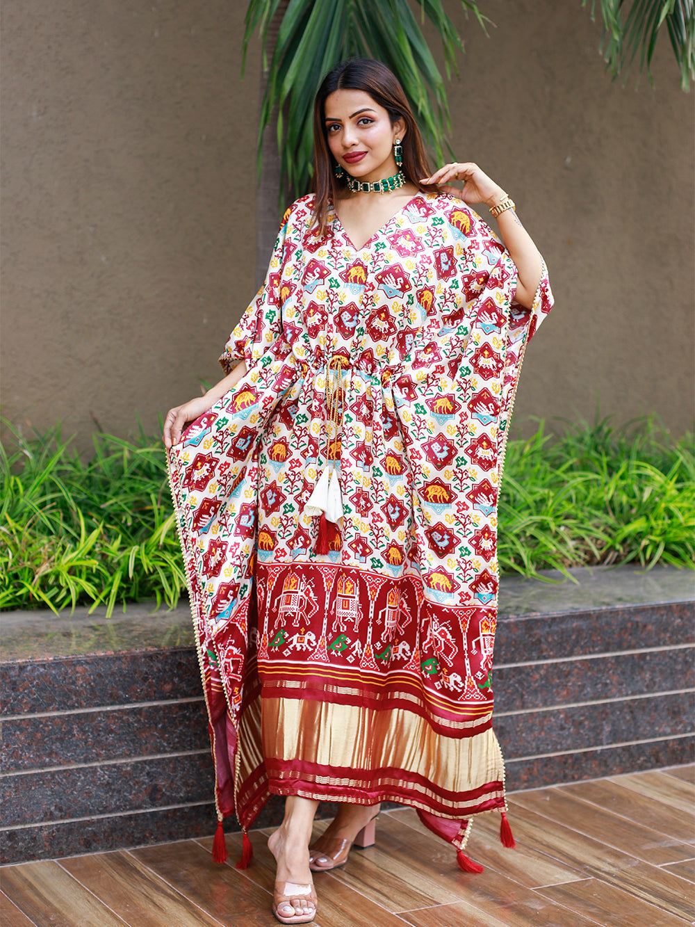 White color bandhej digital print pure gaji silk kaftan