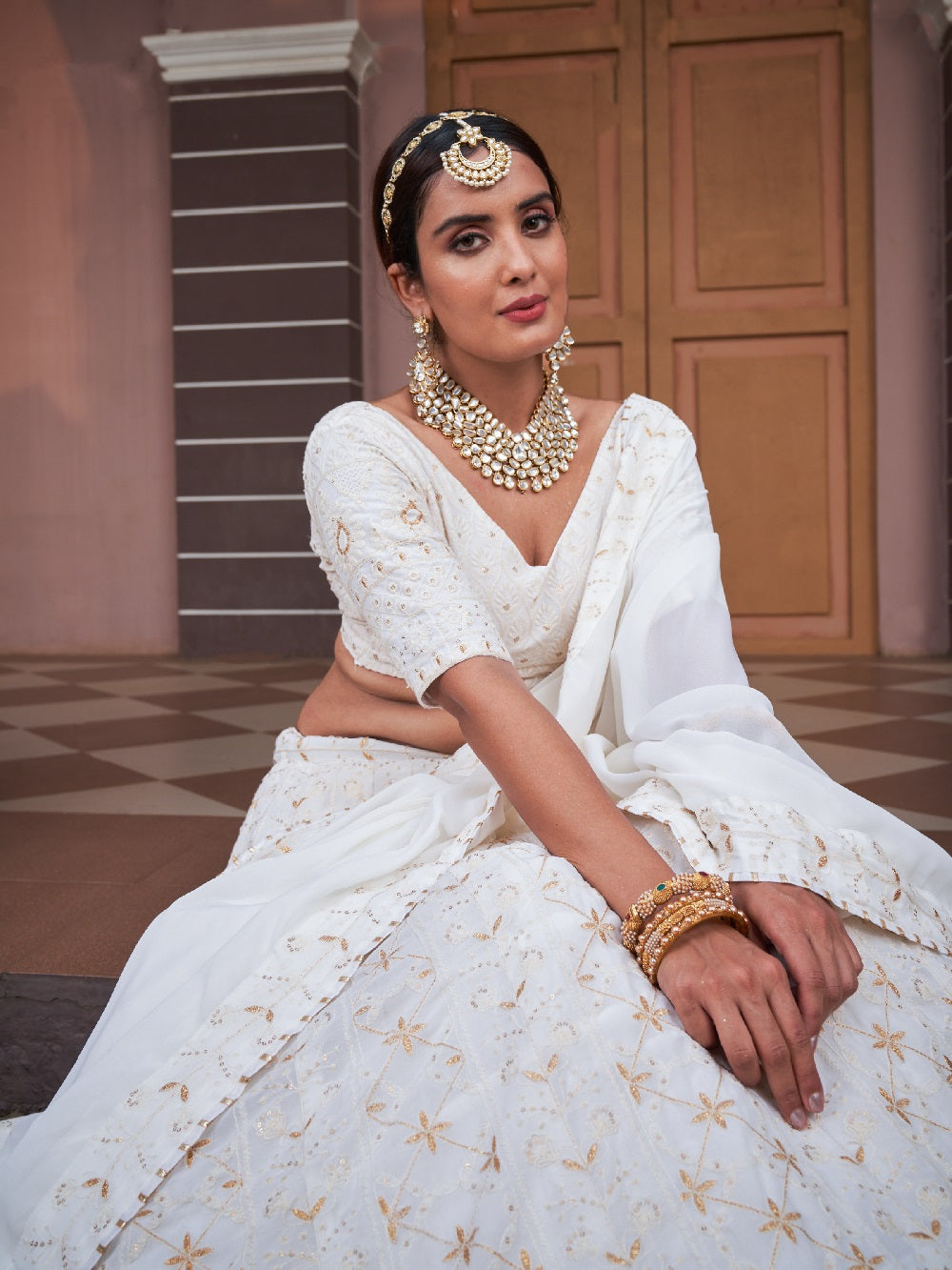 White Color Lucknowi With Sequins Work Georgette Lehenga Choli
