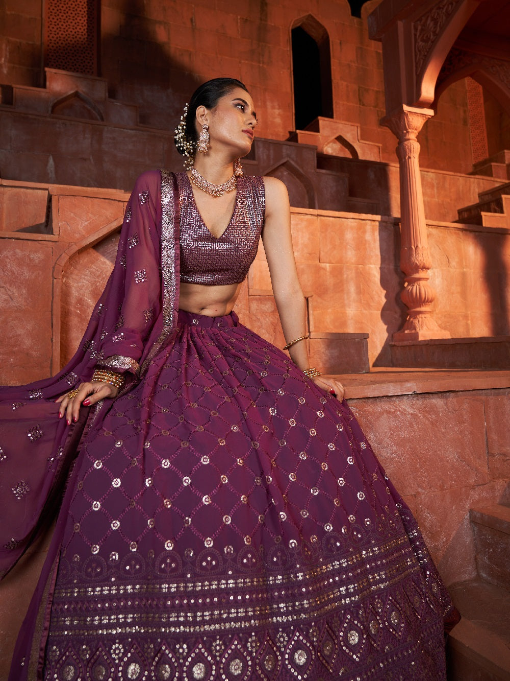 Wine Color Sequins With Embroidery Work Rajwadi Sana Silk Lehenga Choli