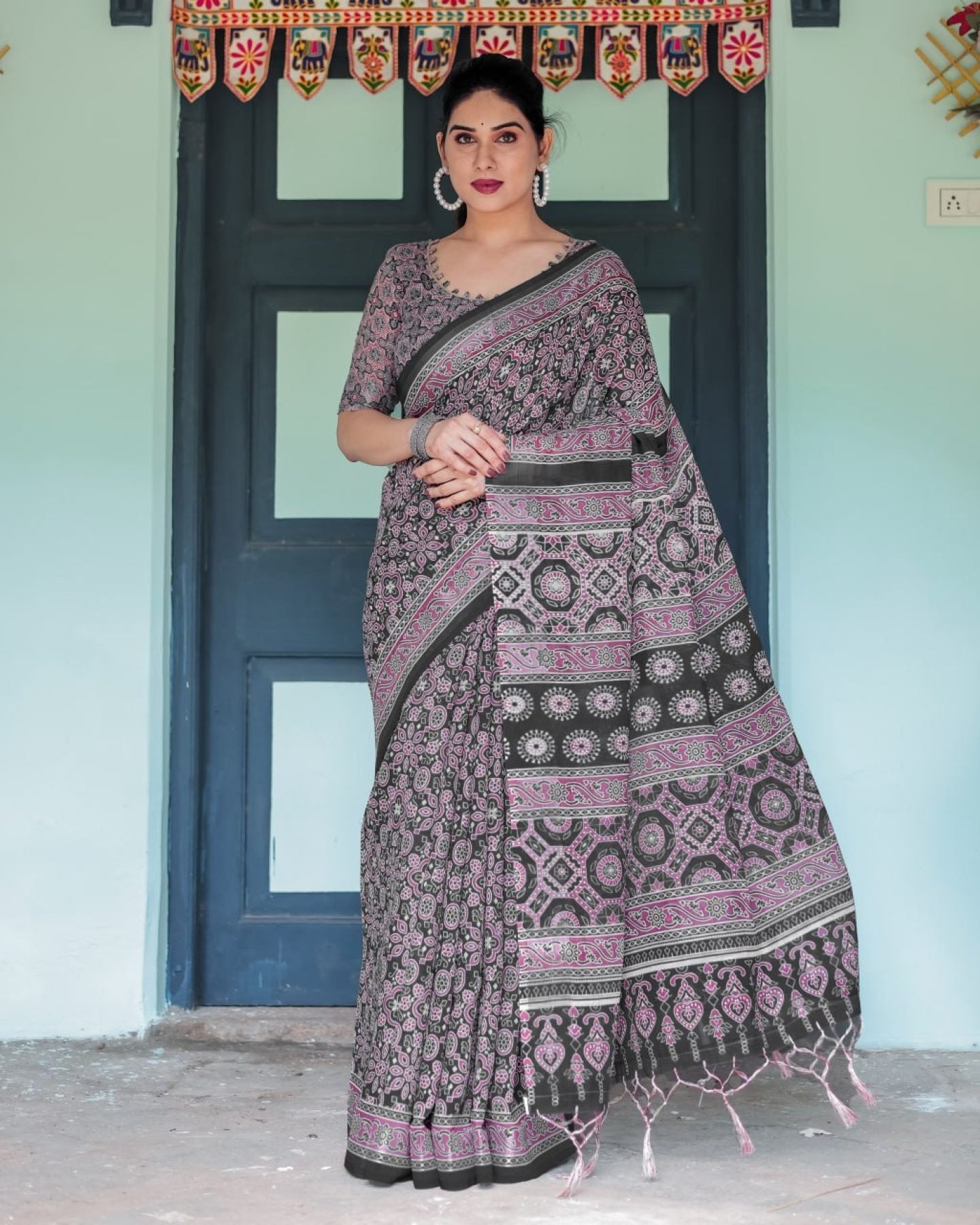 Black Cotton Saree with Ajrakh Pattern for Everyday Wear