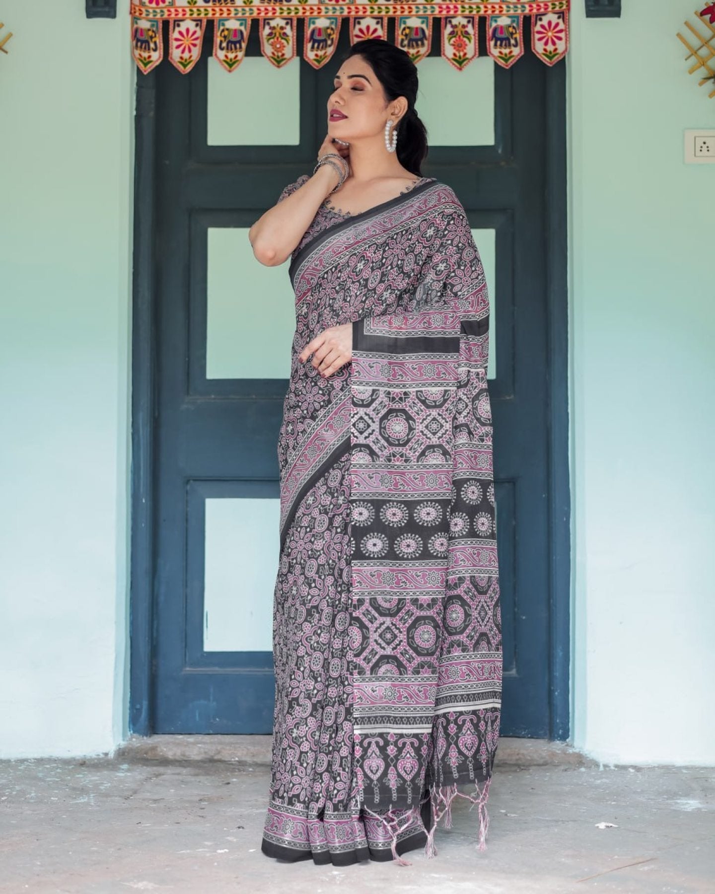 Black Cotton Saree with Ajrakh Pattern for Everyday Wear