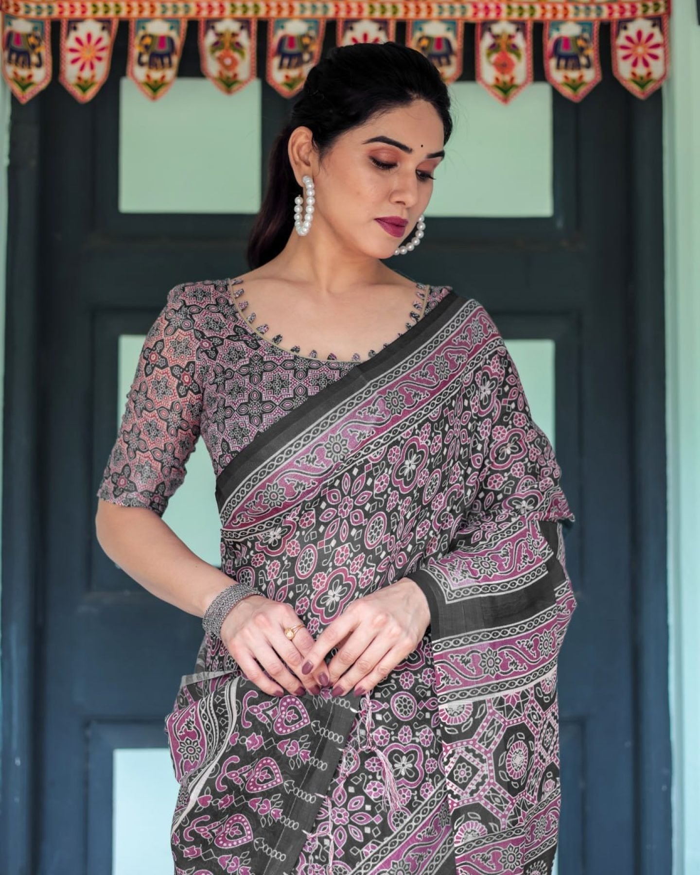 Black Cotton Saree with Ajrakh Pattern for Everyday Wear