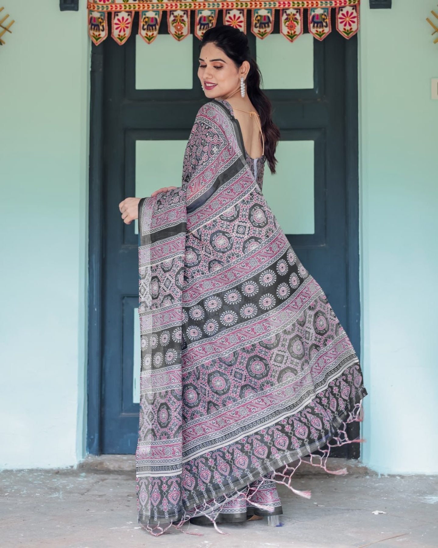 Black Cotton Saree with Ajrakh Pattern for Everyday Wear