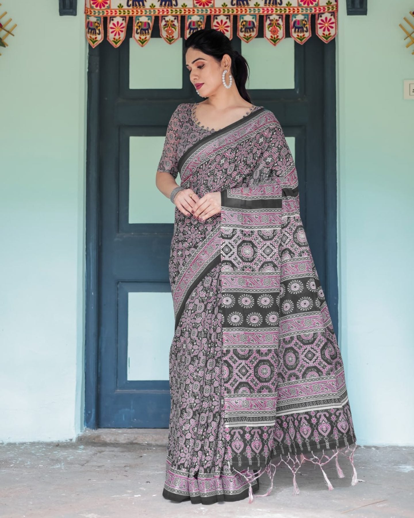 Black Cotton Saree with Ajrakh Pattern for Everyday Wear