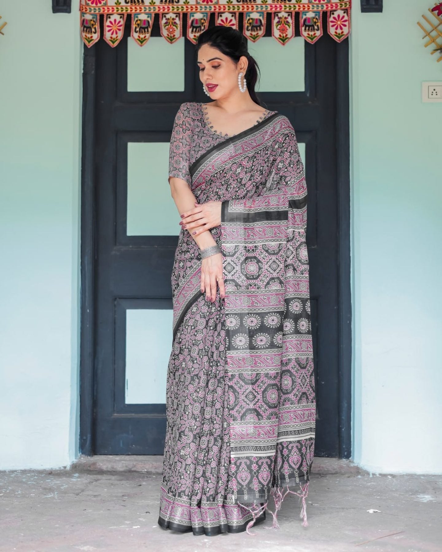 Black Cotton Saree with Ajrakh Pattern for Everyday Wear