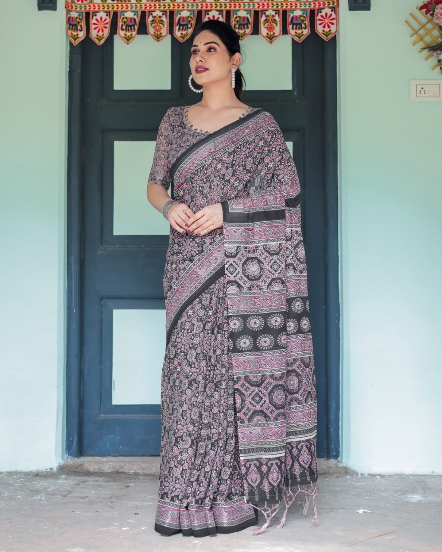 Black Cotton Saree with Ajrakh Pattern for Everyday Wear