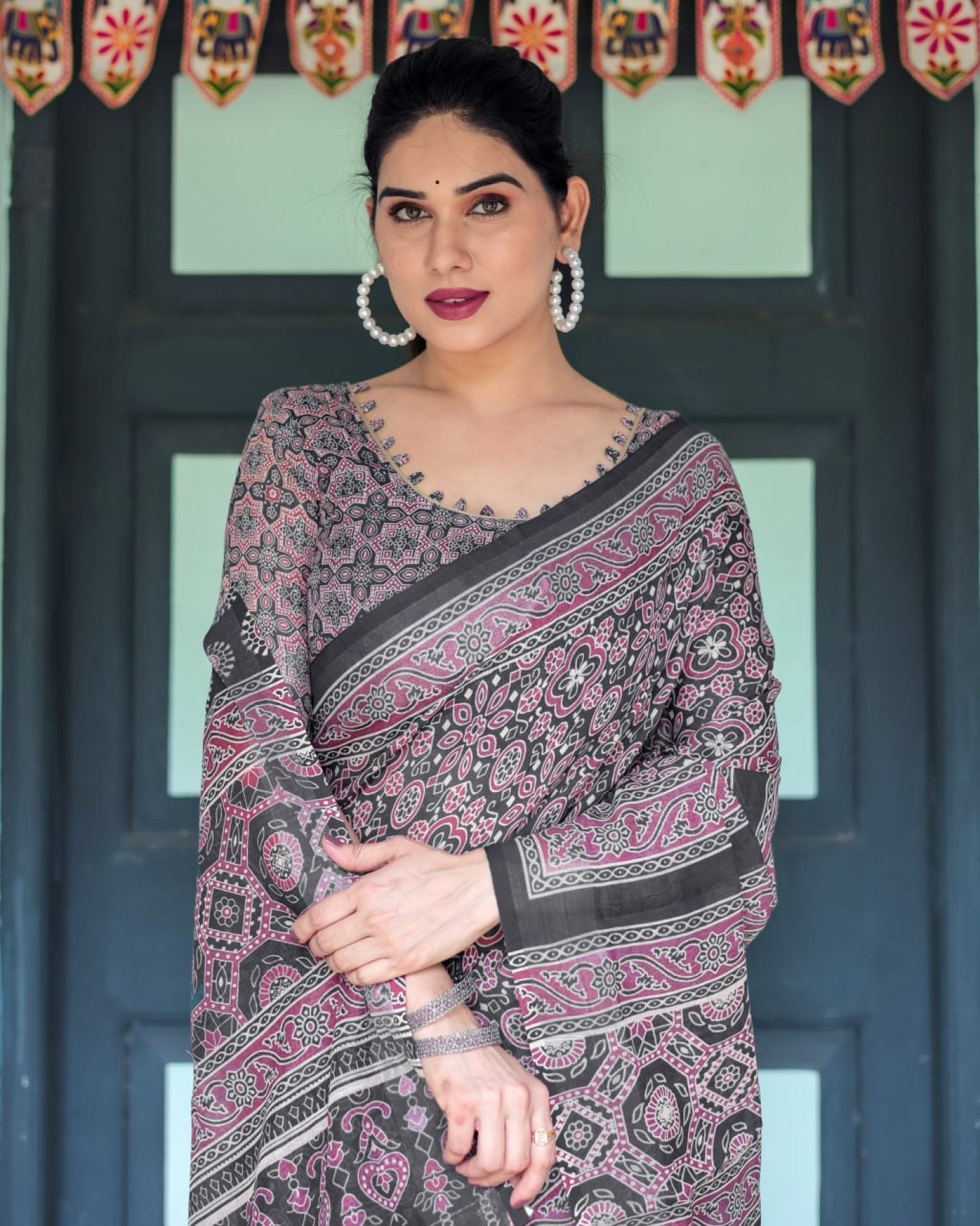 Black Cotton Saree with Ajrakh Pattern for Everyday Wear