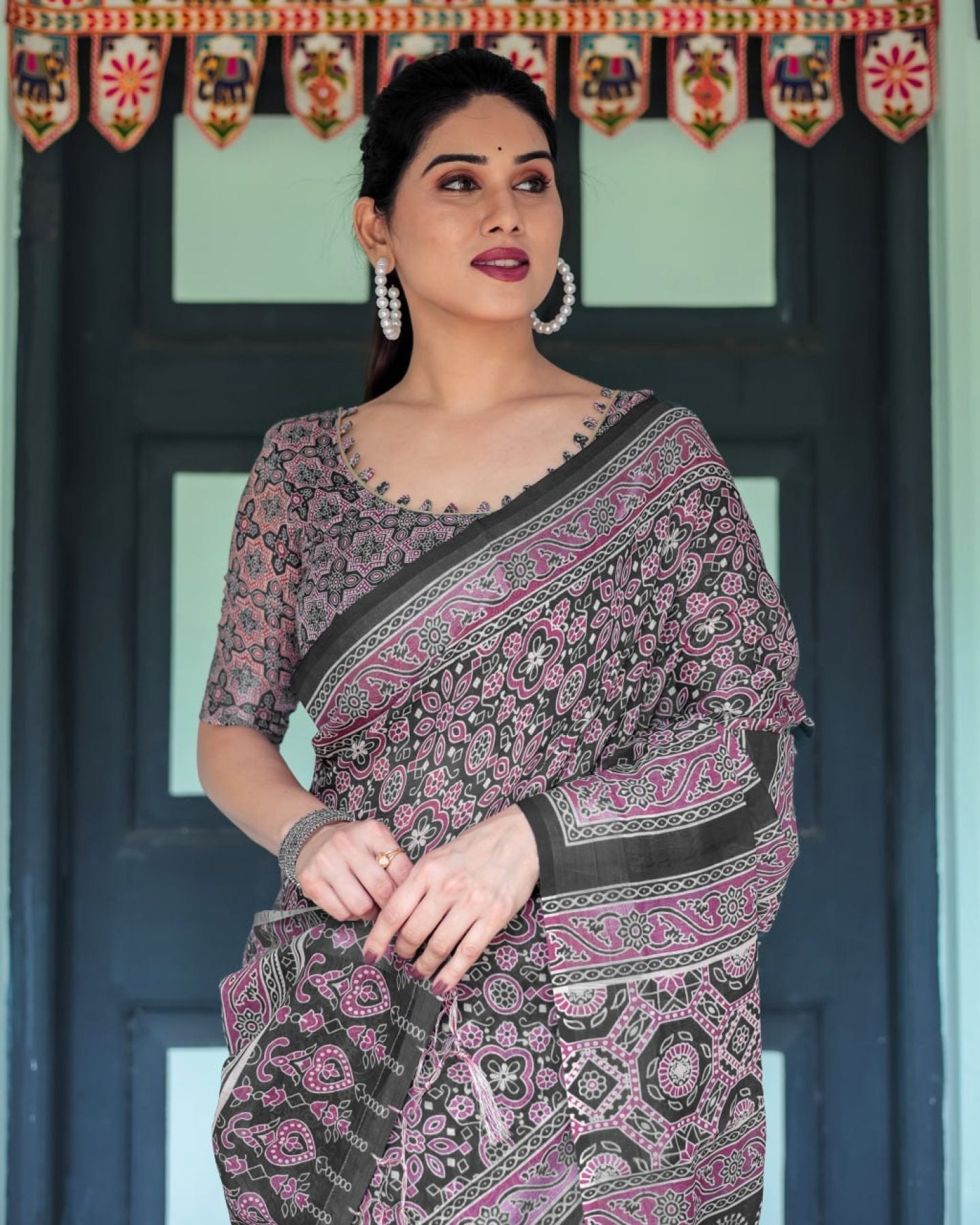 Black Cotton Saree with Ajrakh Pattern for Everyday Wear