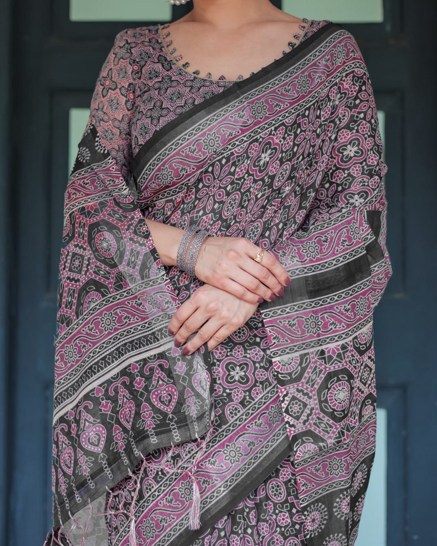 Black Cotton Saree with Ajrakh Pattern for Everyday Wear