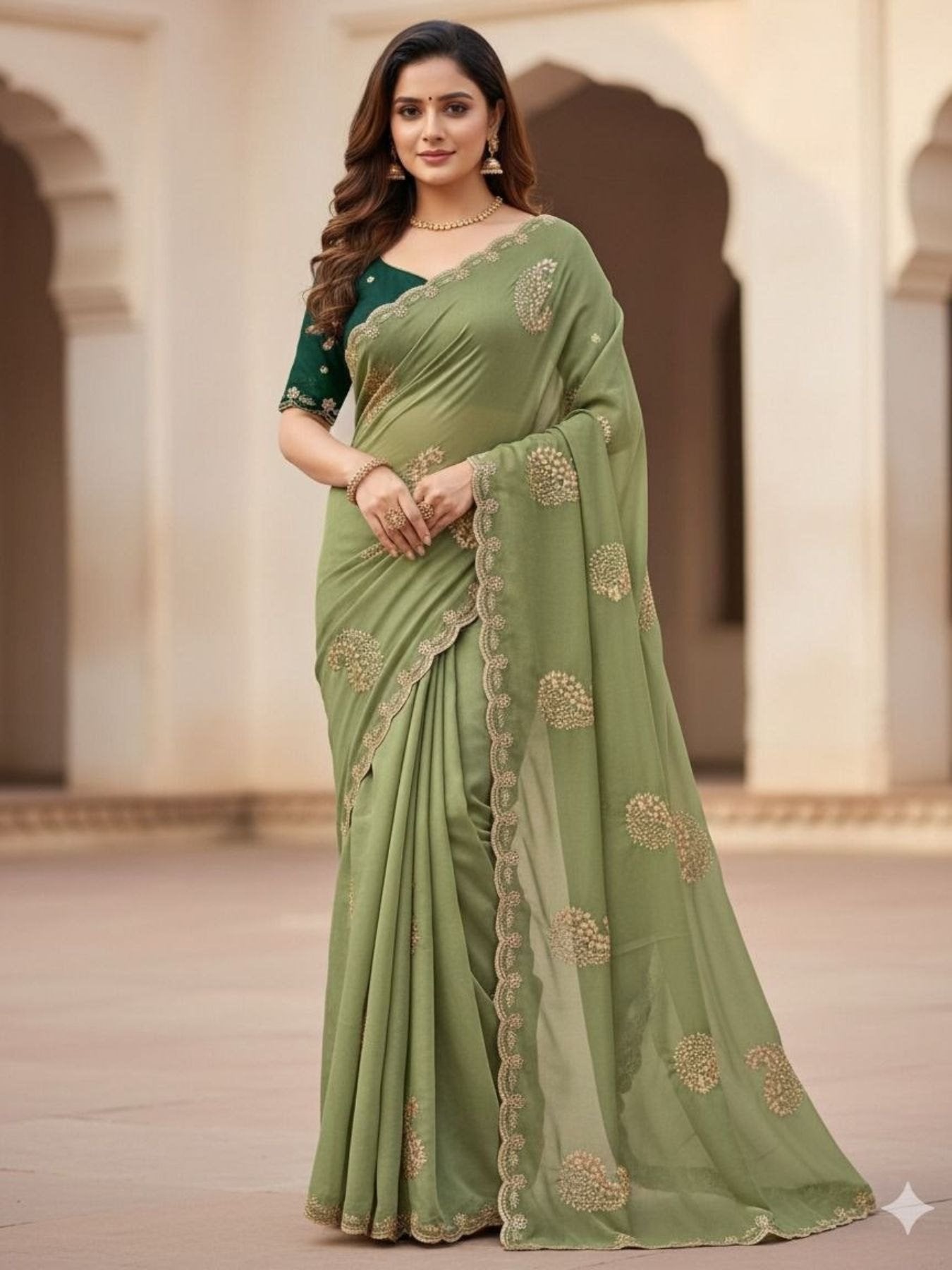 Green Star Georgette Saree with Heavy Embroidery and Running Blouse