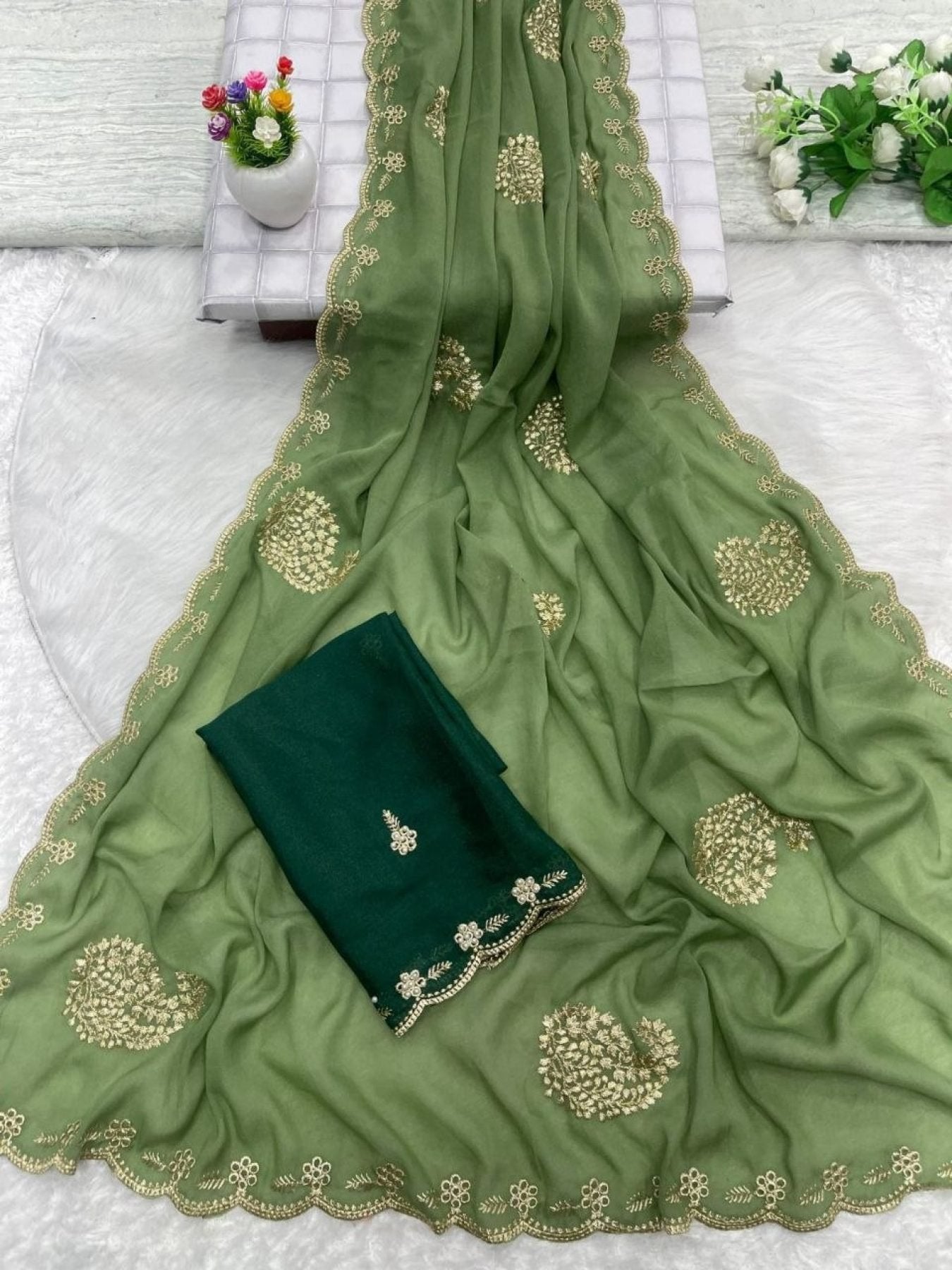 Green Star Georgette Saree with Heavy Embroidery and Running Blouse