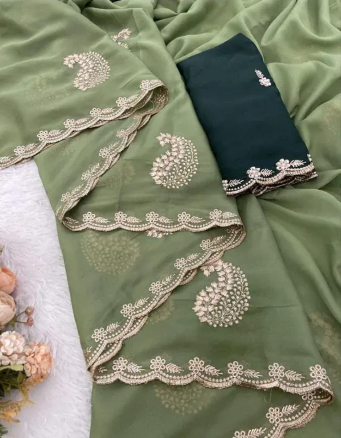 Green Star Georgette Saree with Heavy Embroidery and Running Blouse