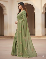 Green Star Georgette Saree with Heavy Embroidery and Running Blouse
