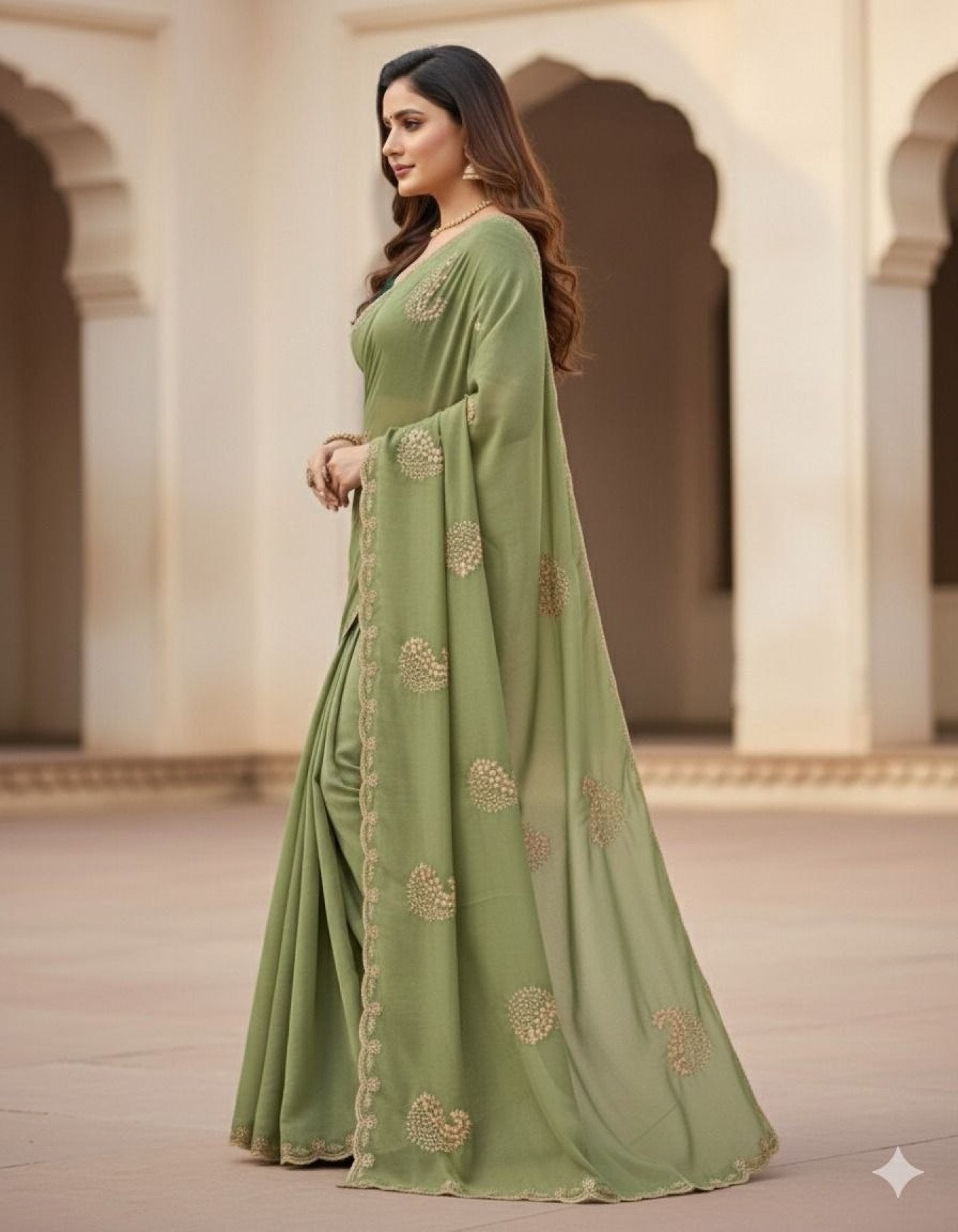 Green Star Georgette Saree with Heavy Embroidery and Running Blouse