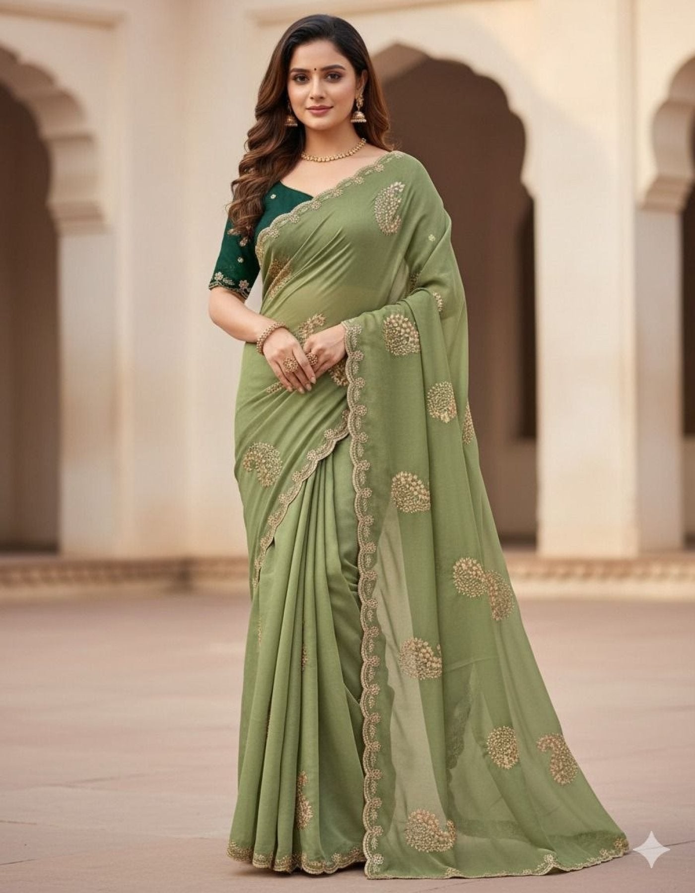 Green Star Georgette Saree with Heavy Embroidery and Running Blouse