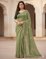 Green Star Georgette Saree with Heavy Embroidery and Running Blouse