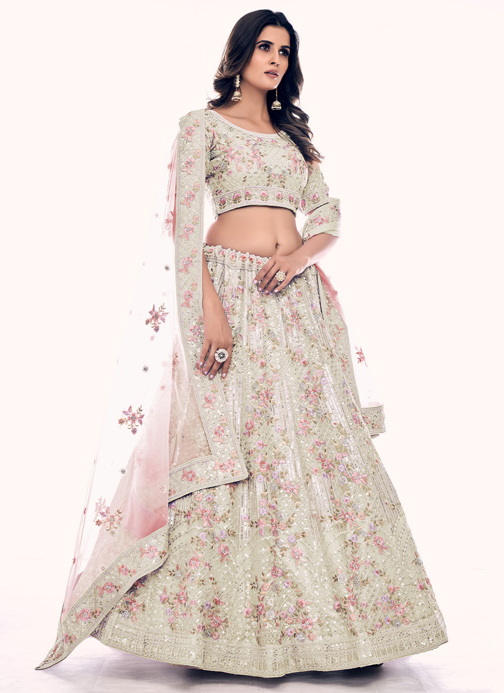 Light Green Net A Line Lehenga Choli