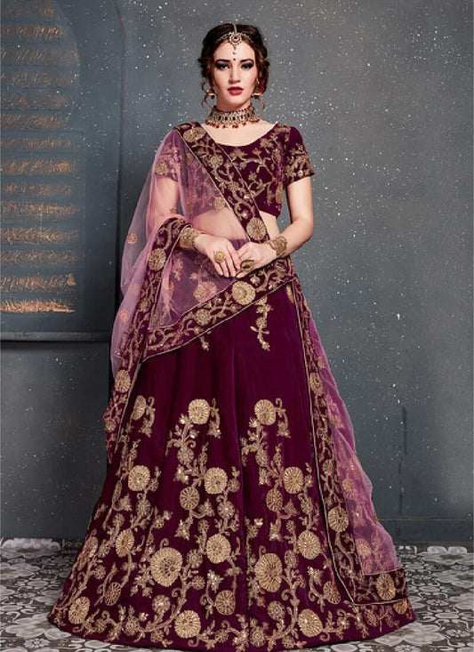 Considerate Wine Color With Velvet Base Lehenga Choli