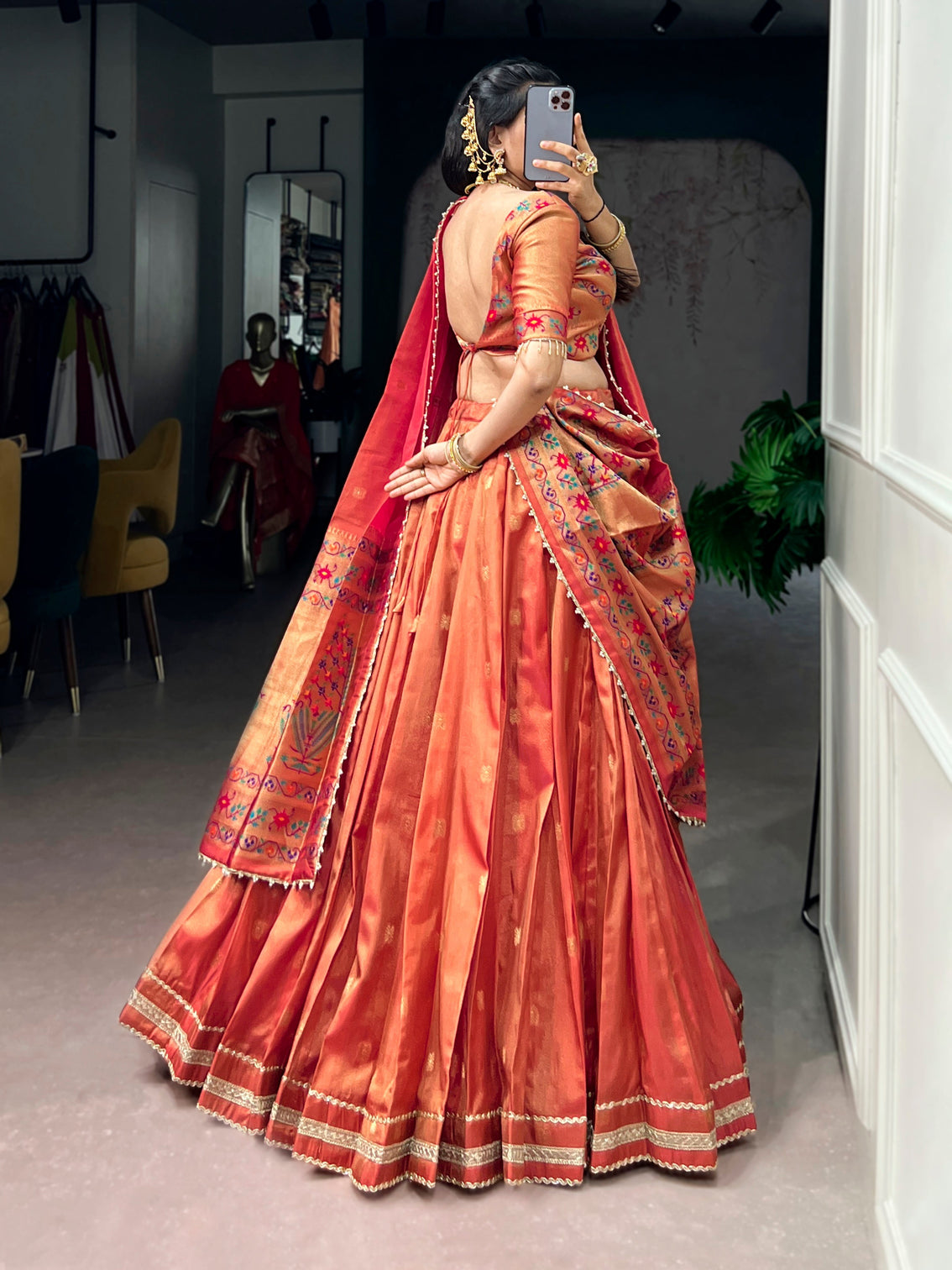 Coral color maharastrian wear shimmer lehenga