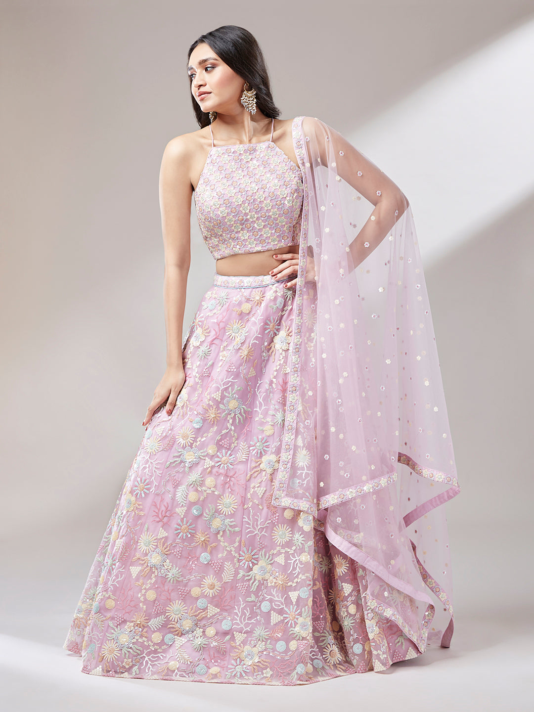 Coral Net heavy Sequinse embroidery Semi-Stitched Lehenga choli & Dupatta