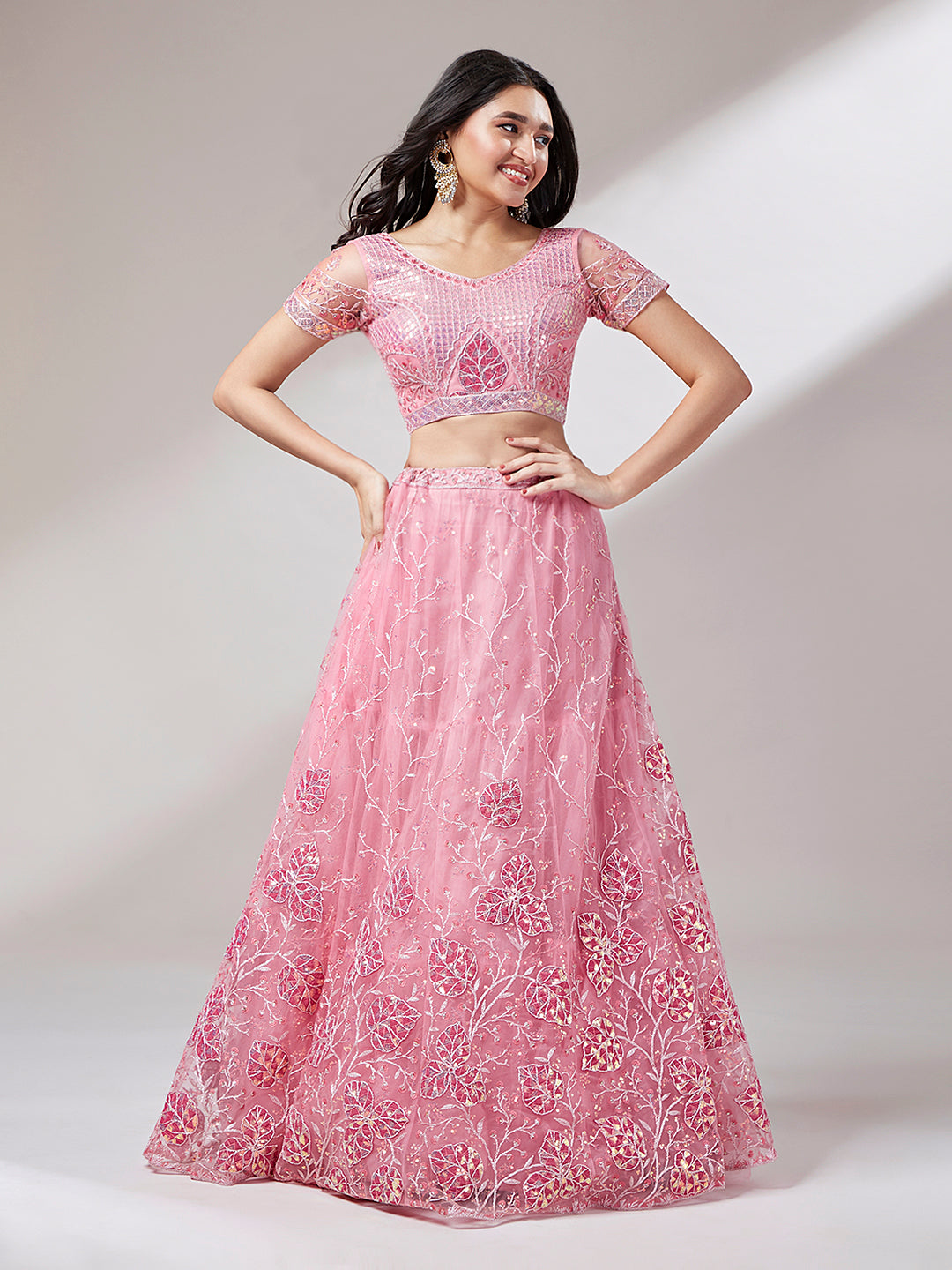 Coral Net Sequinse Work Semi-Stitched Lehenga & Unstitched Blouse, Dupatta
