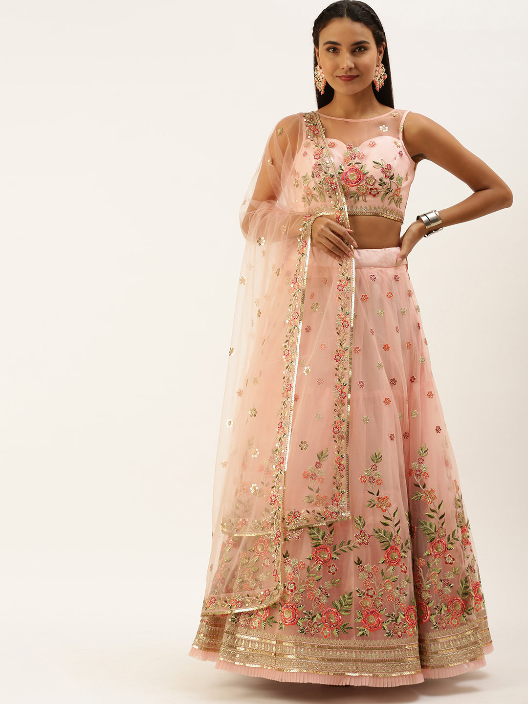 Coral Net Sequinse Work Semi-Stitched Lehenga & Unstitched Blouse, Dupatta