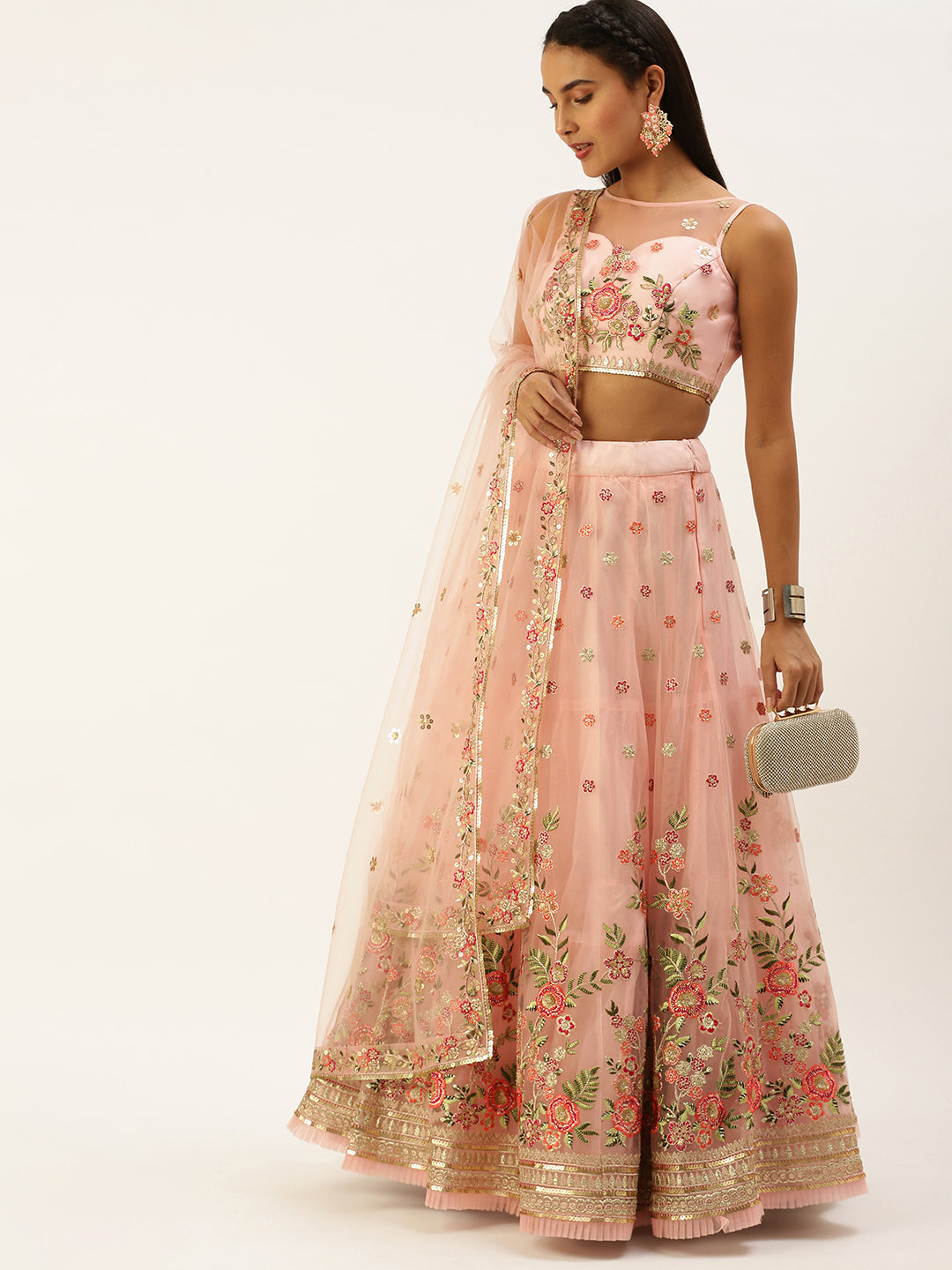 Coral Net Sequinse Work Semi-Stitched Lehenga & Unstitched Blouse, Dupatta
