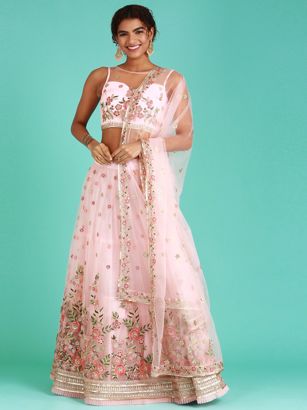 Coral Net Sequinse Work Semi-Stitched Lehenga & Unstitched Blouse, Dupatta