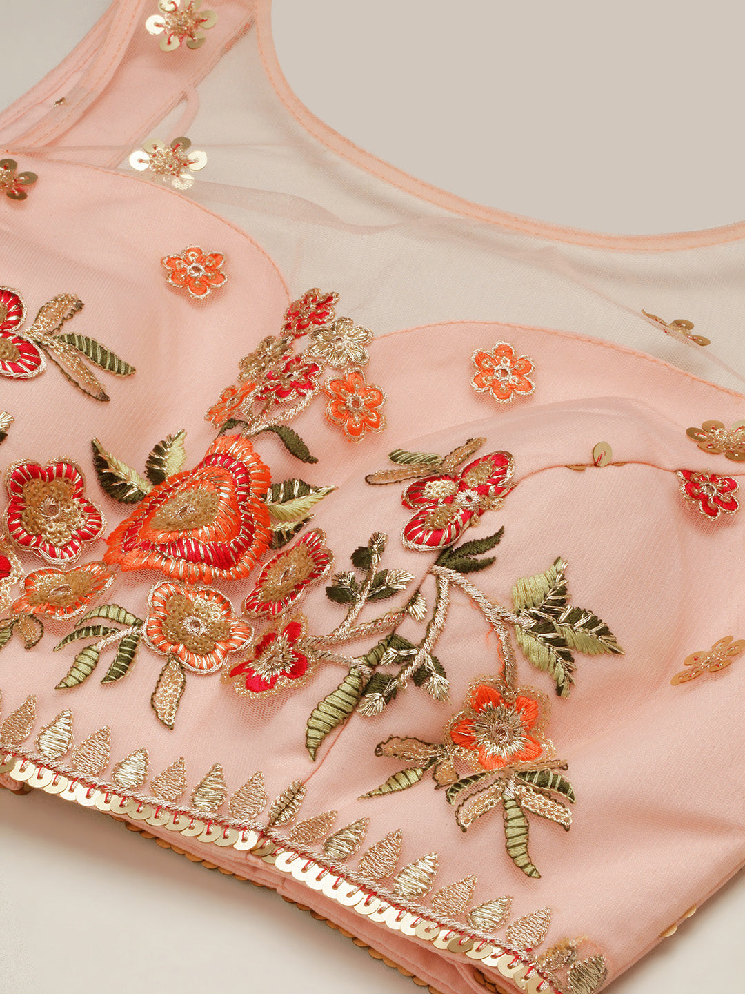 Coral Net Sequinse Work Semi-Stitched Lehenga & Unstitched Blouse, Dupatta