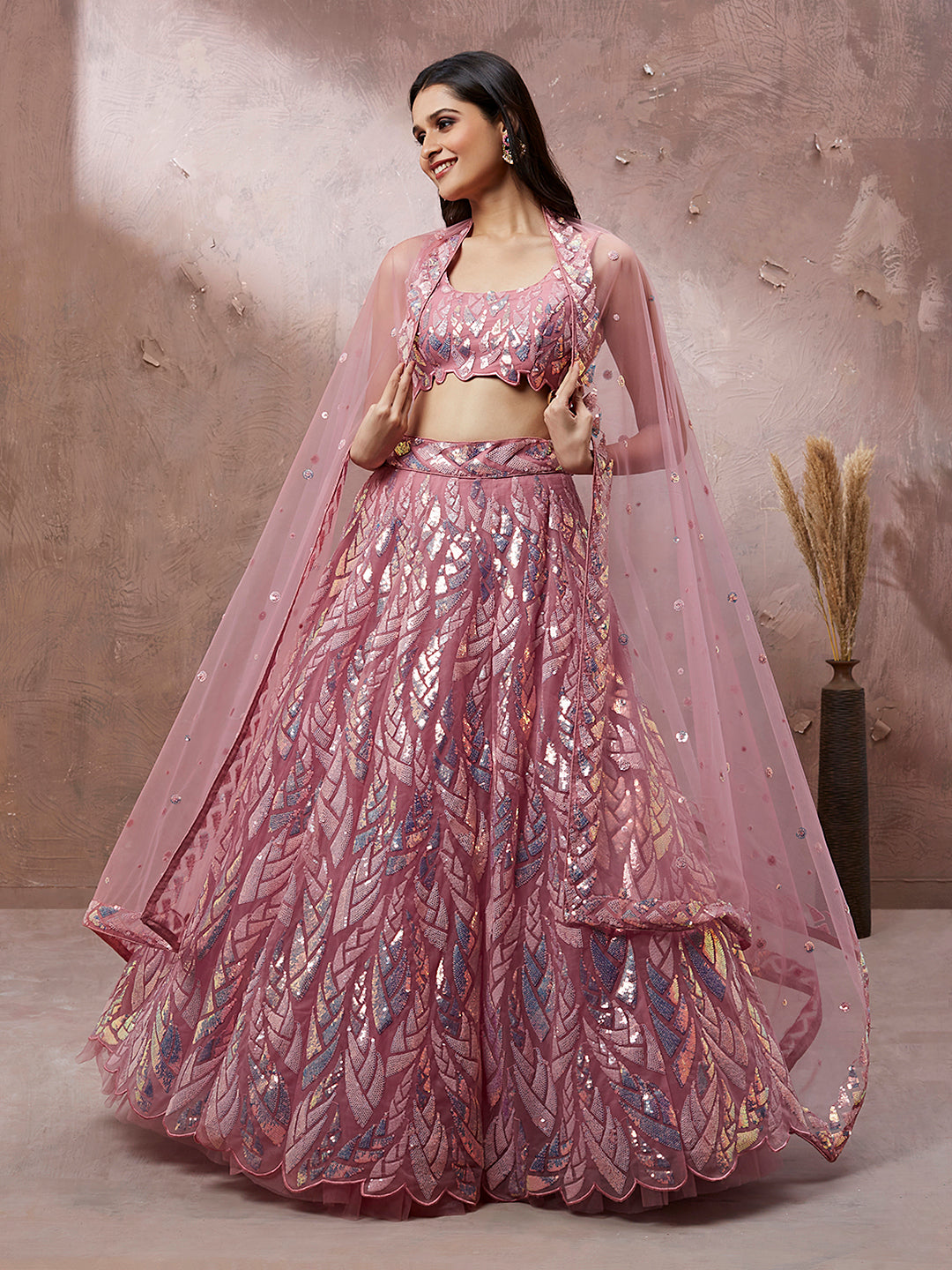 CORAL Net Sequinse Work Semi-Stitched Lehenga & Unstitched Blouse, Dupatta