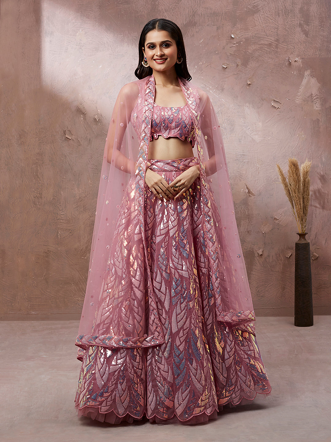 CORAL Net Sequinse Work Semi-Stitched Lehenga & Unstitched Blouse, Dupatta