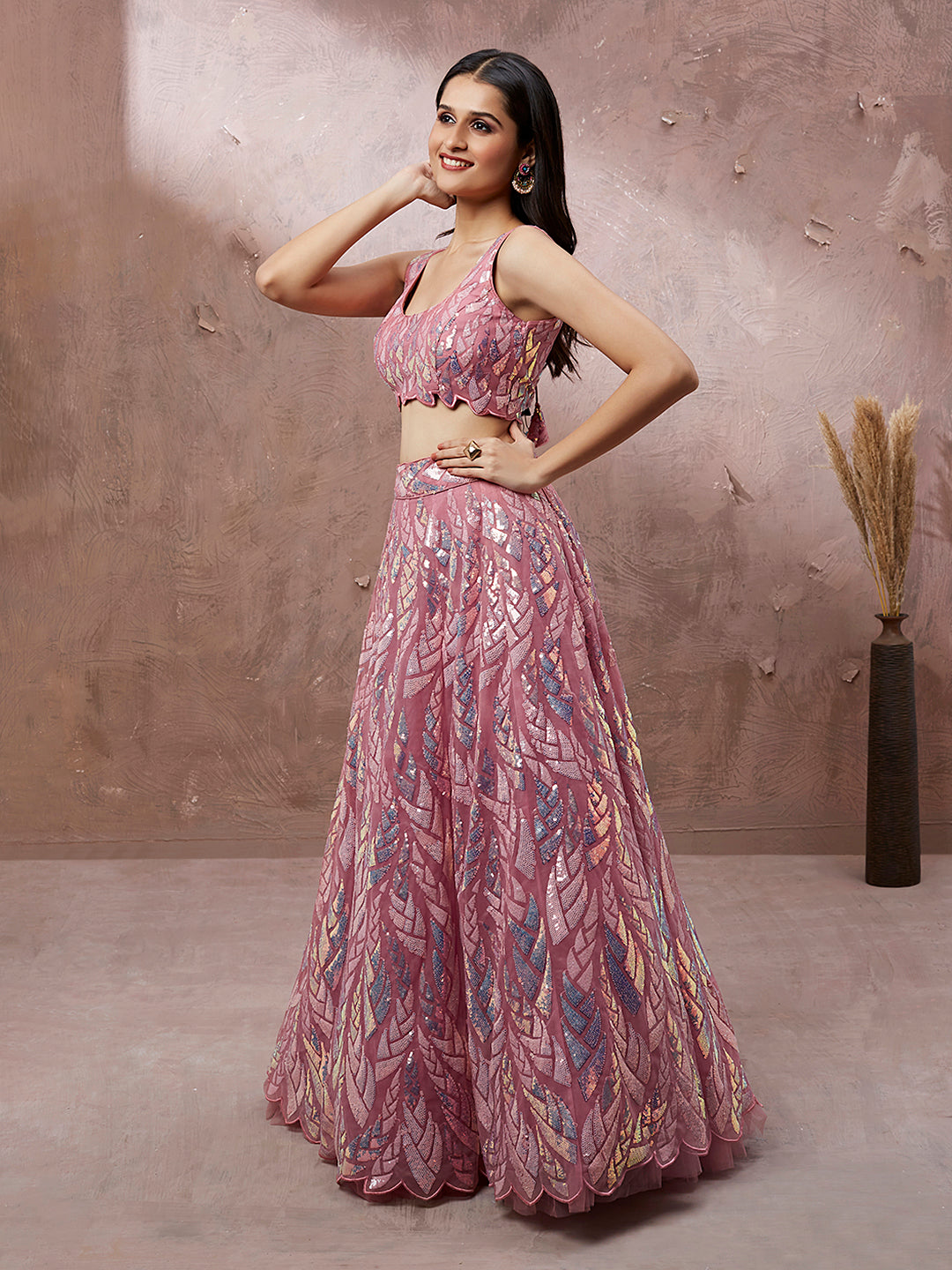 CORAL Net Sequinse Work Semi-Stitched Lehenga & Unstitched Blouse, Dupatta