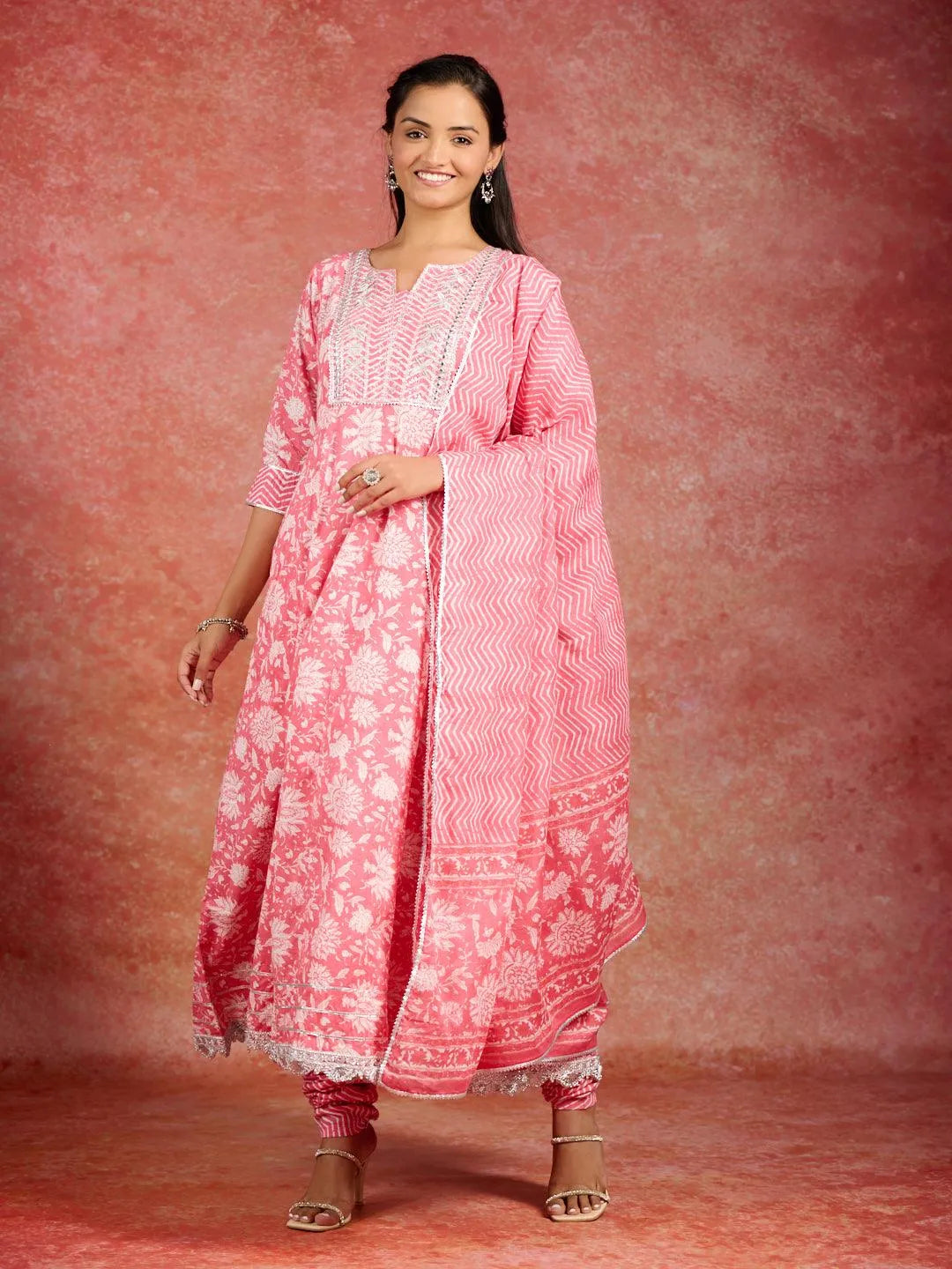 Mameraa Coral Printed Cotton Anarkali Kurta With Churidar & Dupatta