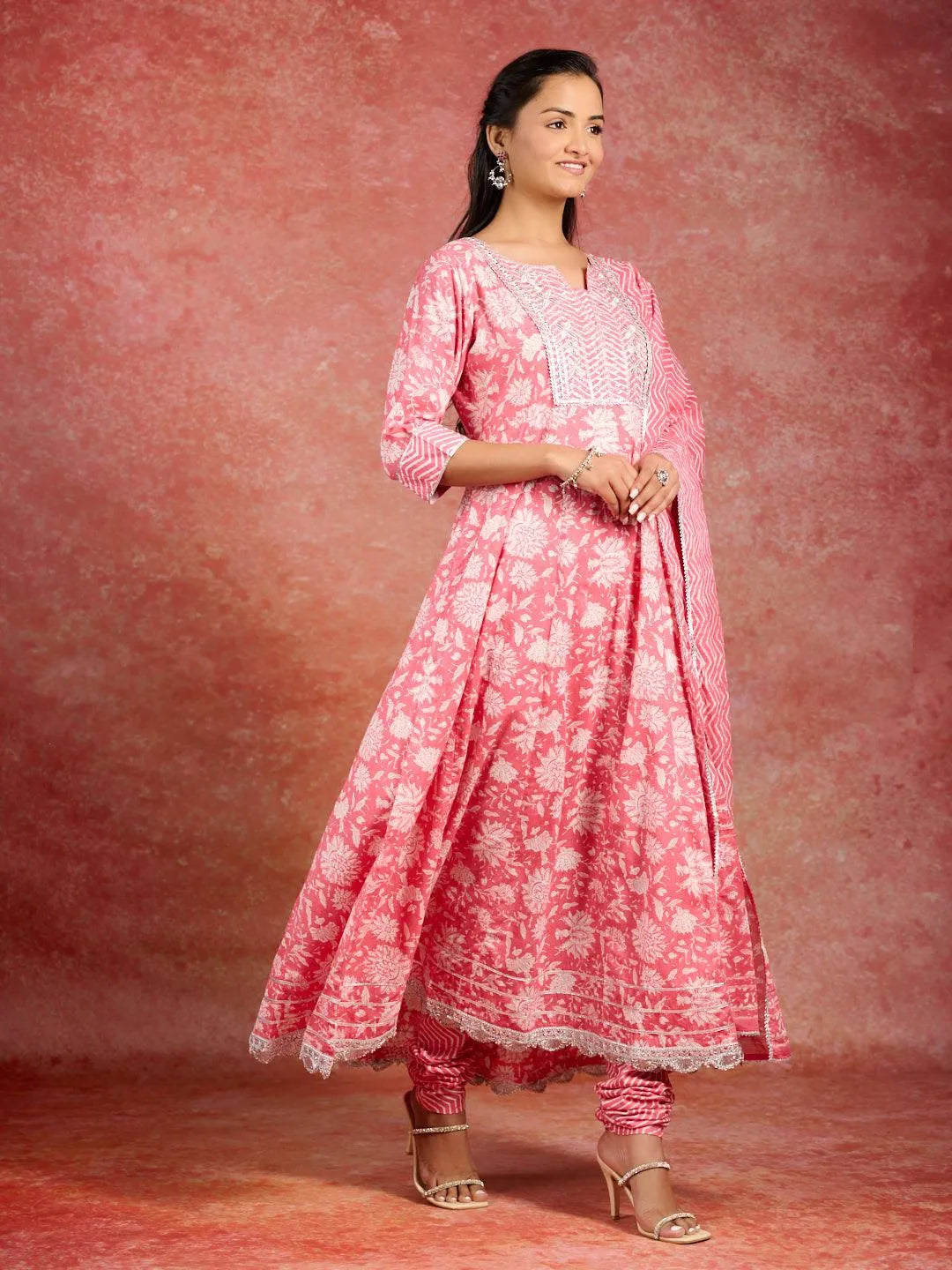 Mameraa Coral Printed Cotton Anarkali Kurta With Churidar & Dupatta