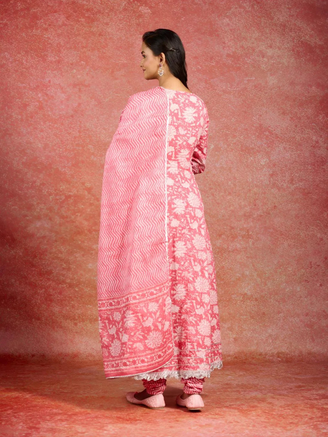 Mameraa Coral Printed Cotton Anarkali Kurta With Churidar & Dupatta