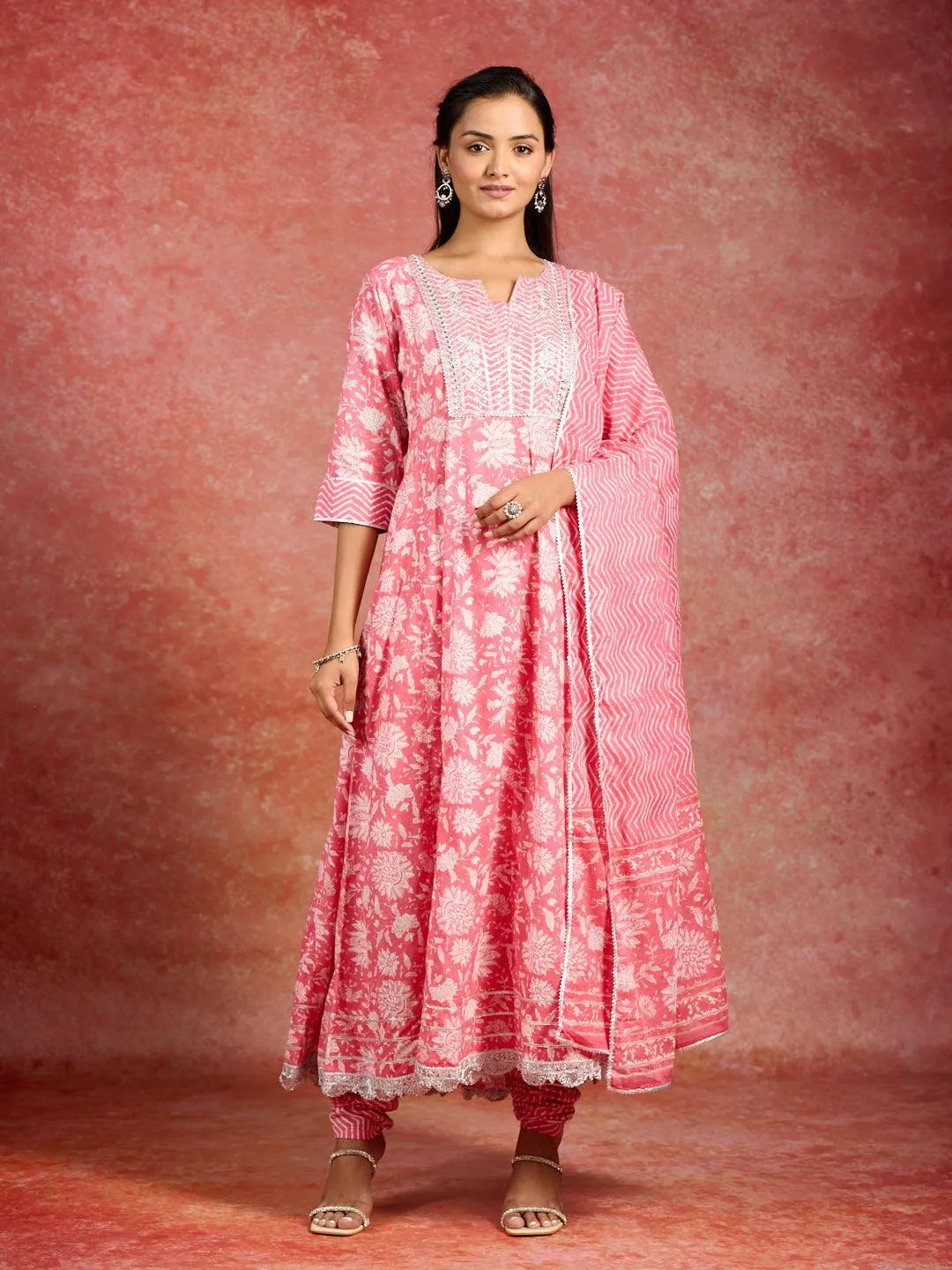 Mameraa Coral Printed Cotton Anarkali Kurta With Churidar & Dupatta