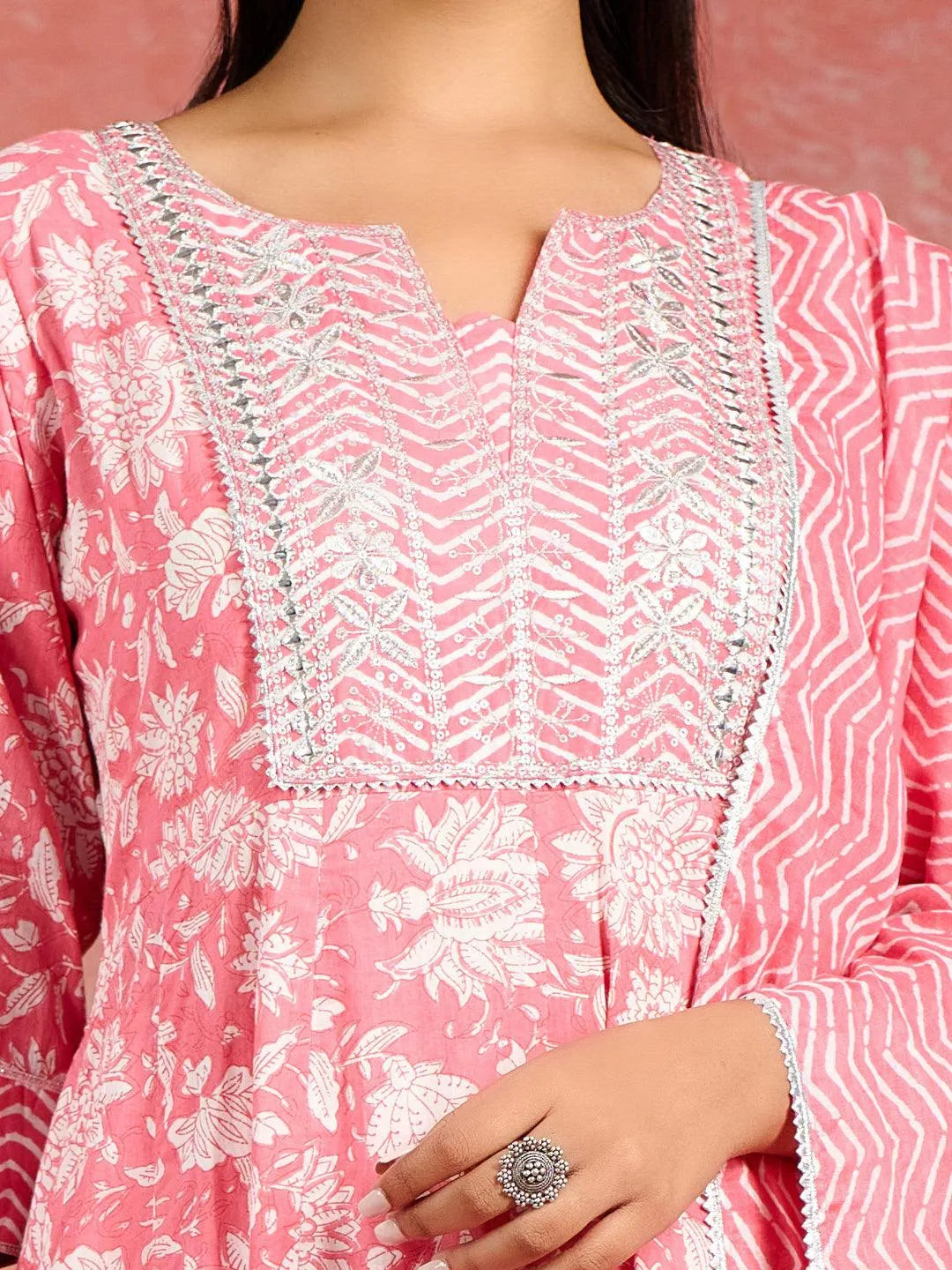 Mameraa Coral Printed Cotton Anarkali Kurta With Churidar & Dupatta