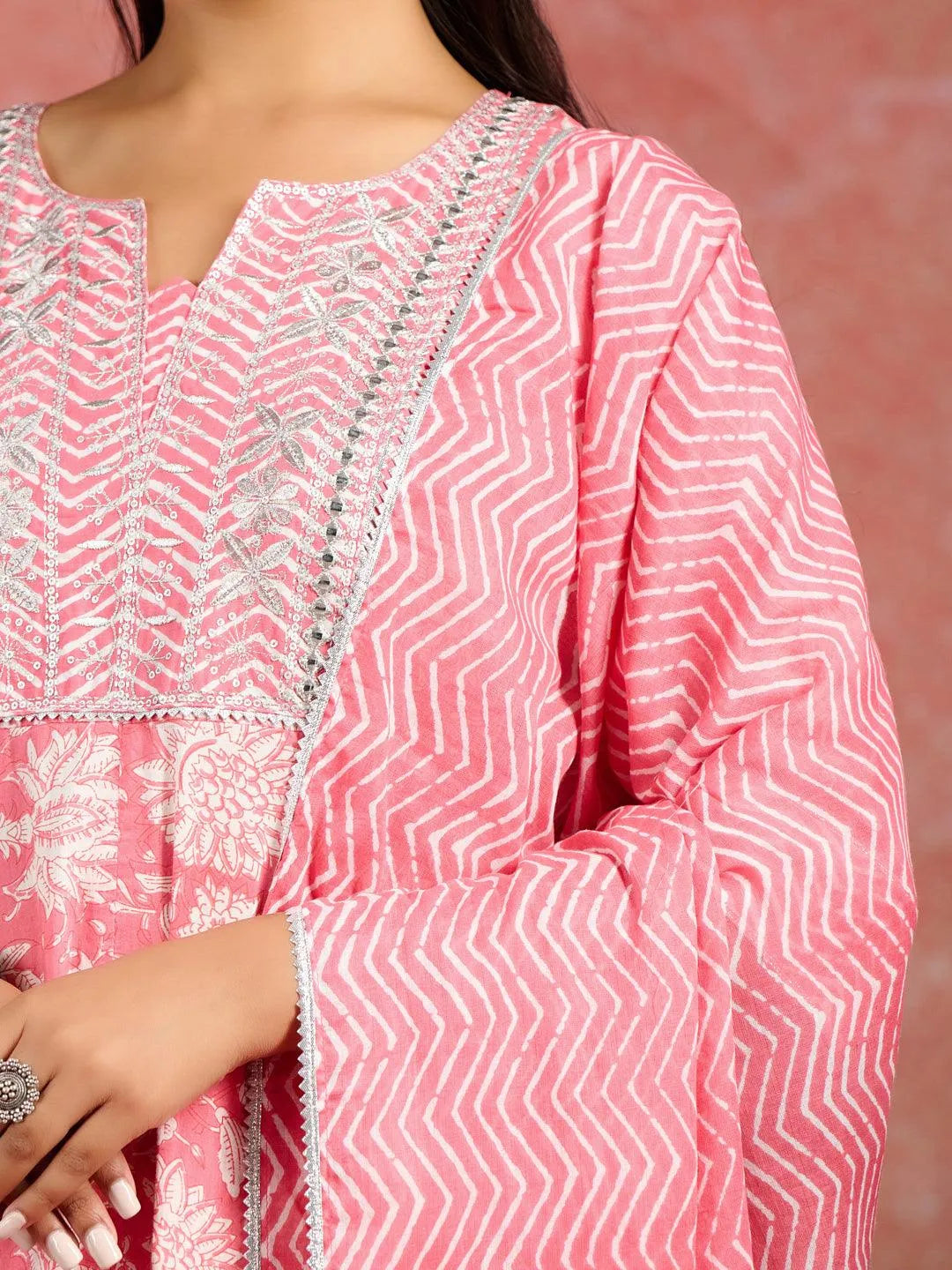 Mameraa Coral Printed Cotton Anarkali Kurta With Churidar & Dupatta