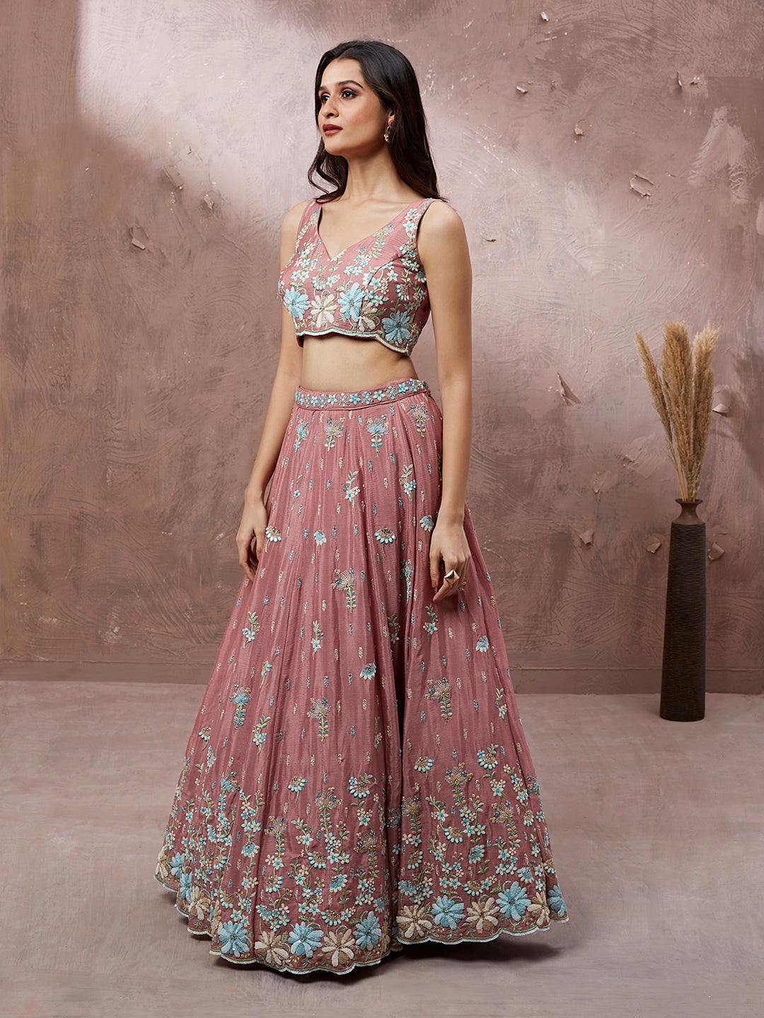 Coral Pure Georgette Sequins with heavy Zarkan embroidery Semi-Stitched Lehenga choli & Dupatta