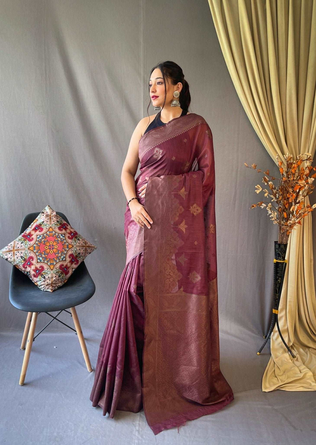 Velvet Maroon Saree in Cotton Copper Floral