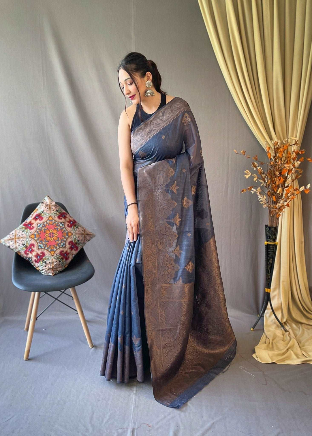 Metallic Blue Saree in Cotton Copper Floral